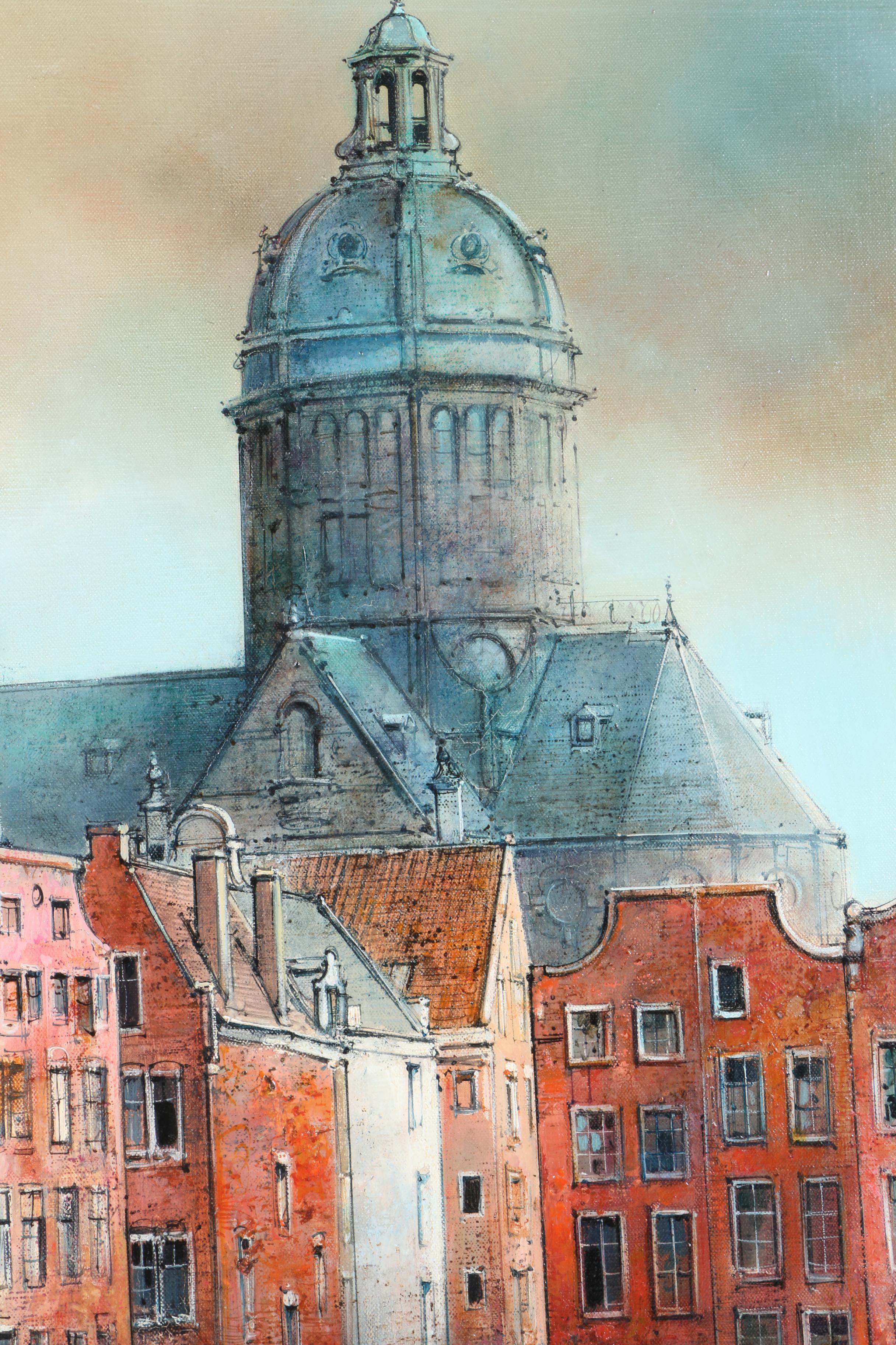Marc Chapaud Oil Painting on Canvas "Canal a Amsterdam Dome de St. Nicholas"