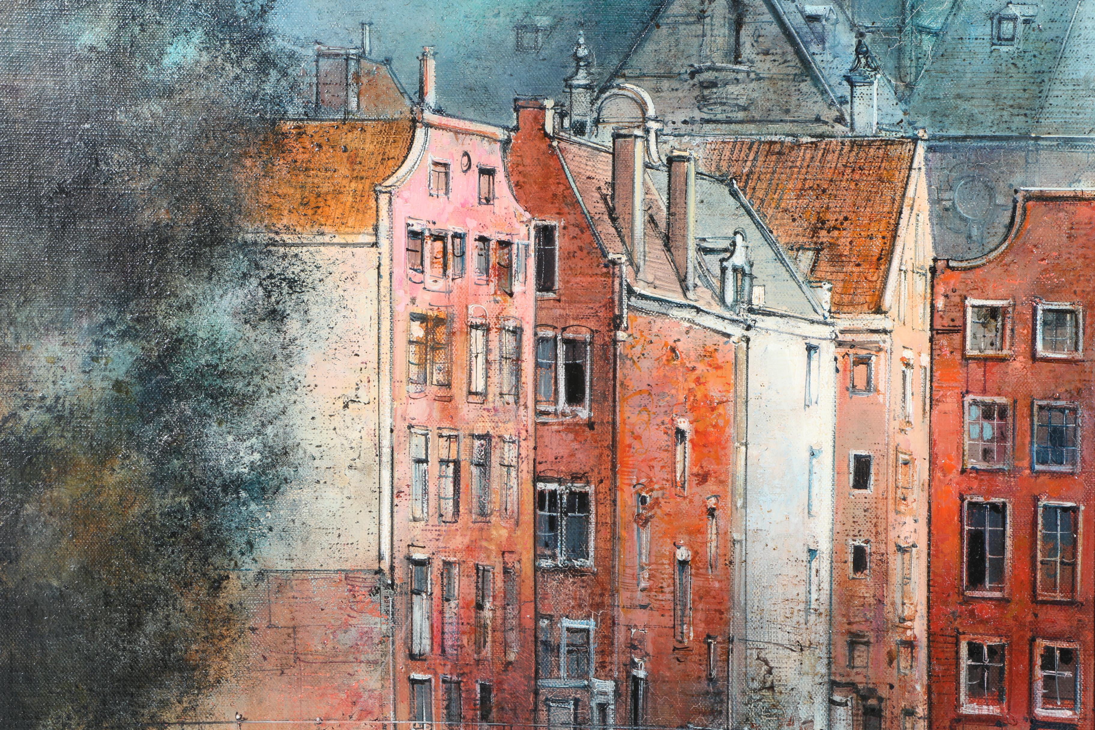 Marc Chapaud Oil Painting on Canvas "Canal a Amsterdam Dome de St. Nicholas"