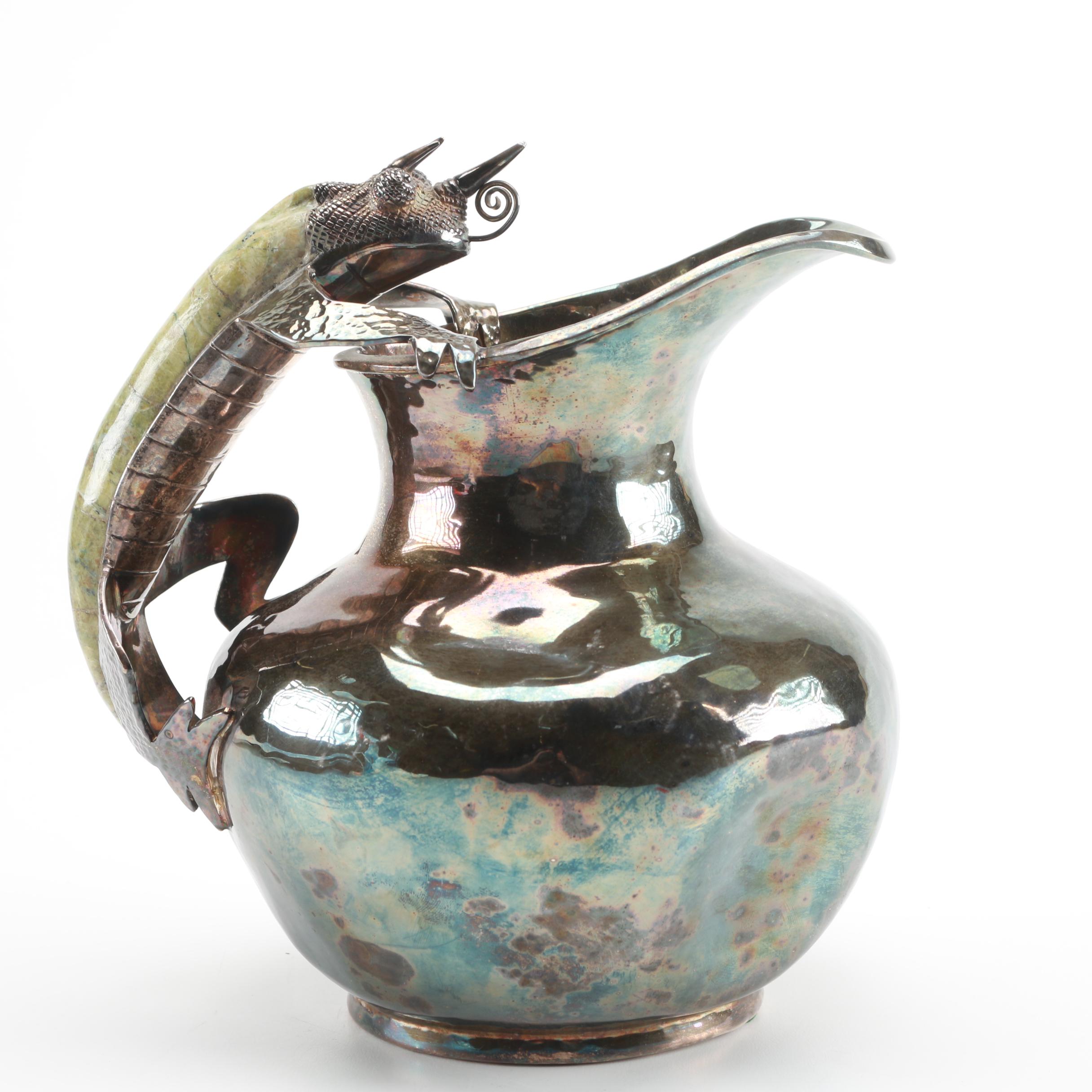 Taxco Los Castillo Silver Plate and Agate Chameleon Pitcher