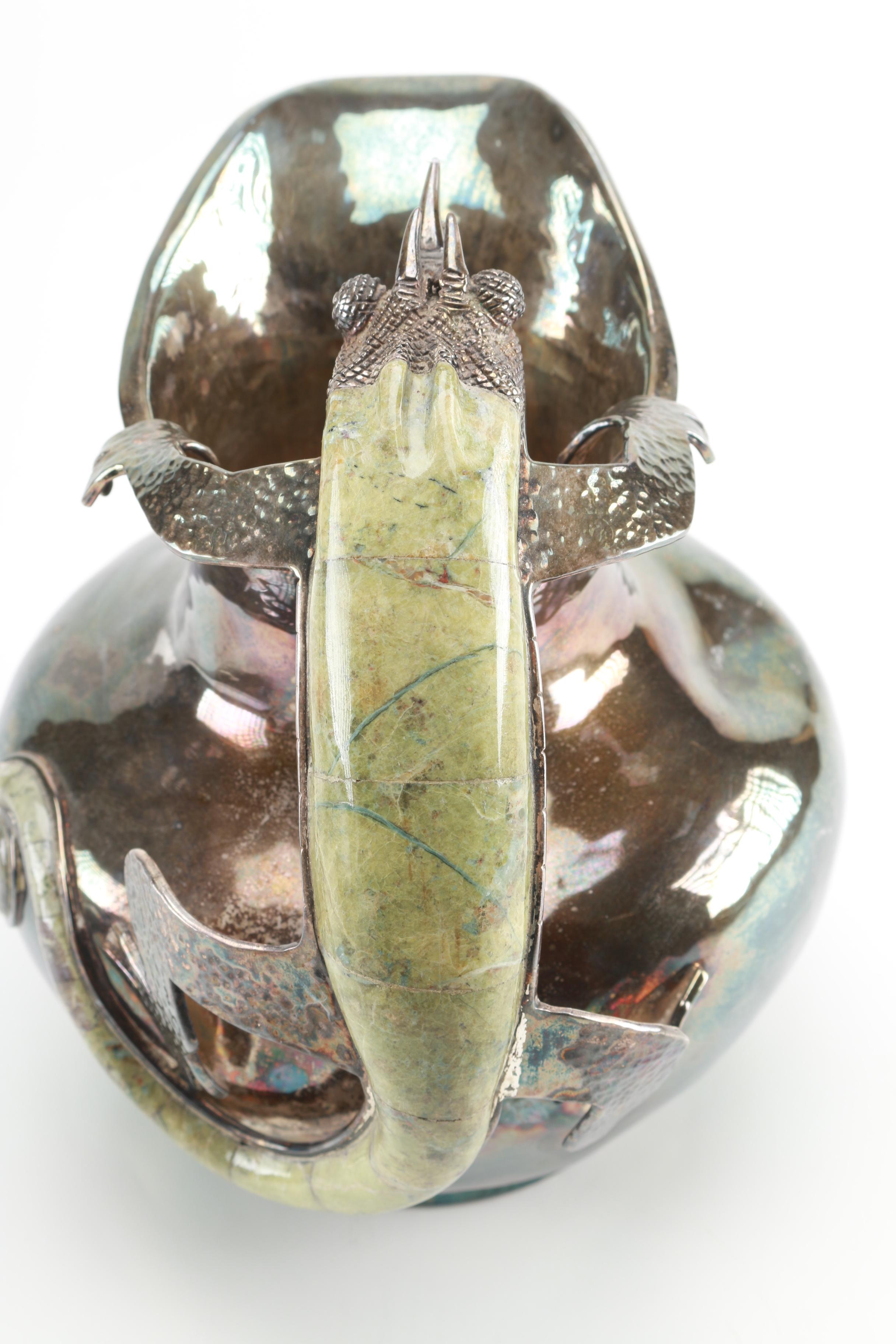 Taxco Los Castillo Silver Plate and Agate Chameleon Pitcher
