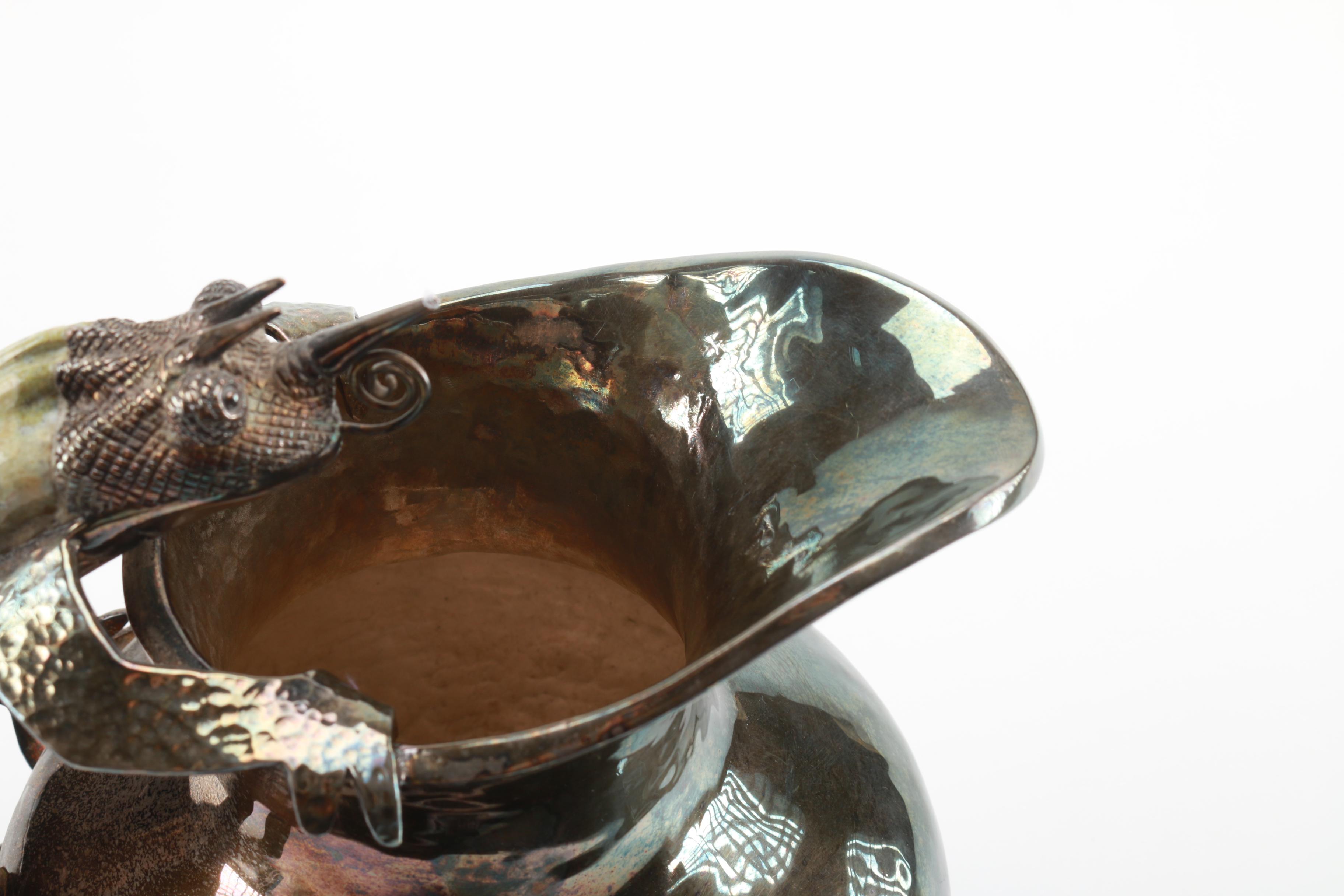 Taxco Los Castillo Silver Plate and Agate Chameleon Pitcher