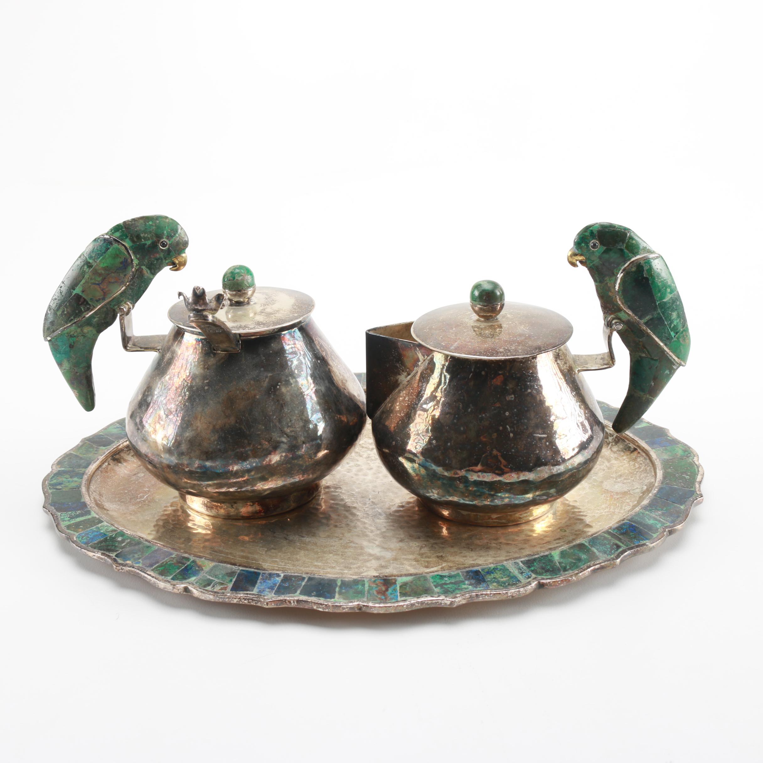 Los Castillo Silver Plate and Azur-Malachite Cream and Sugar Set