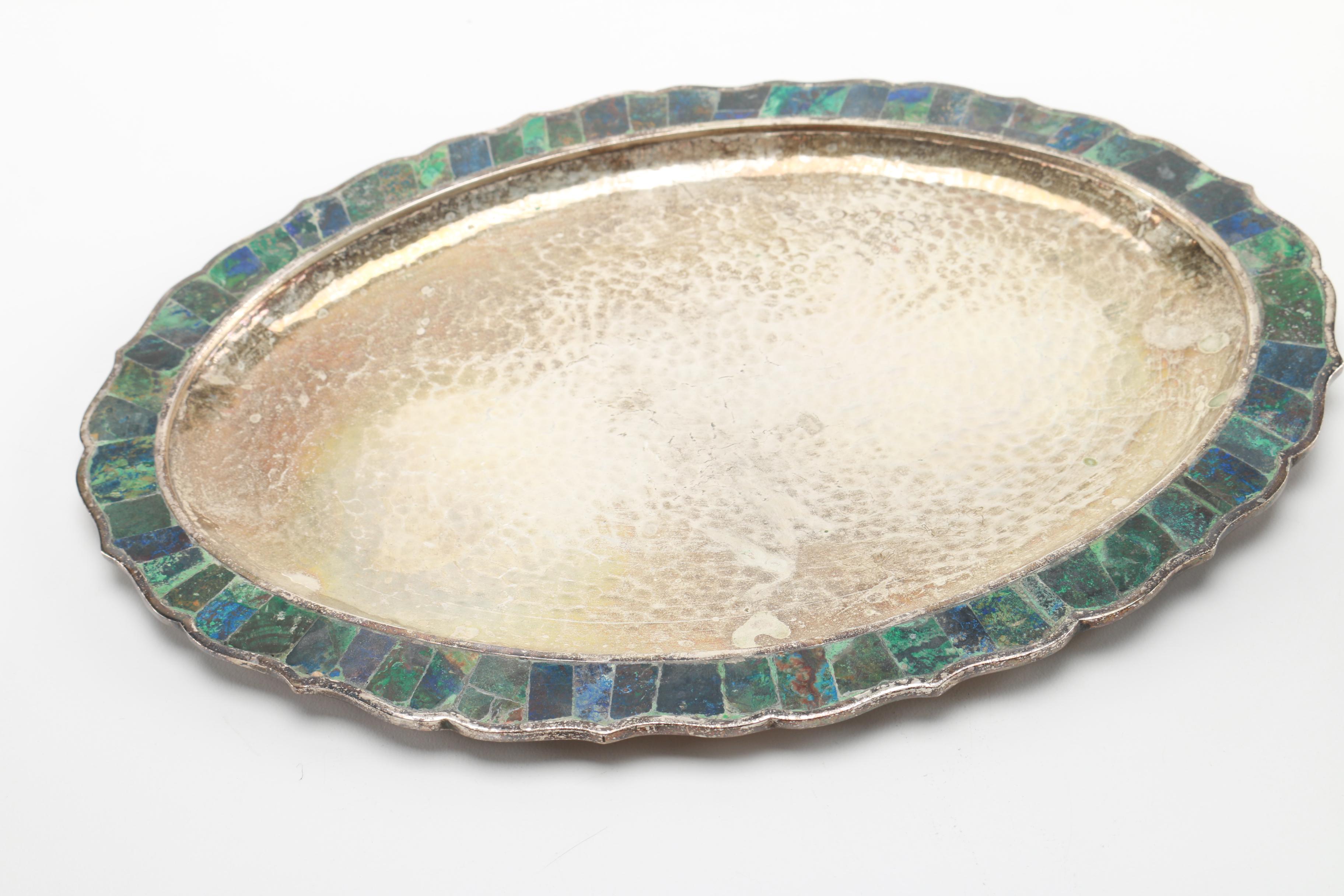 Los Castillo Silver Plate and Azur-Malachite Cream and Sugar Set