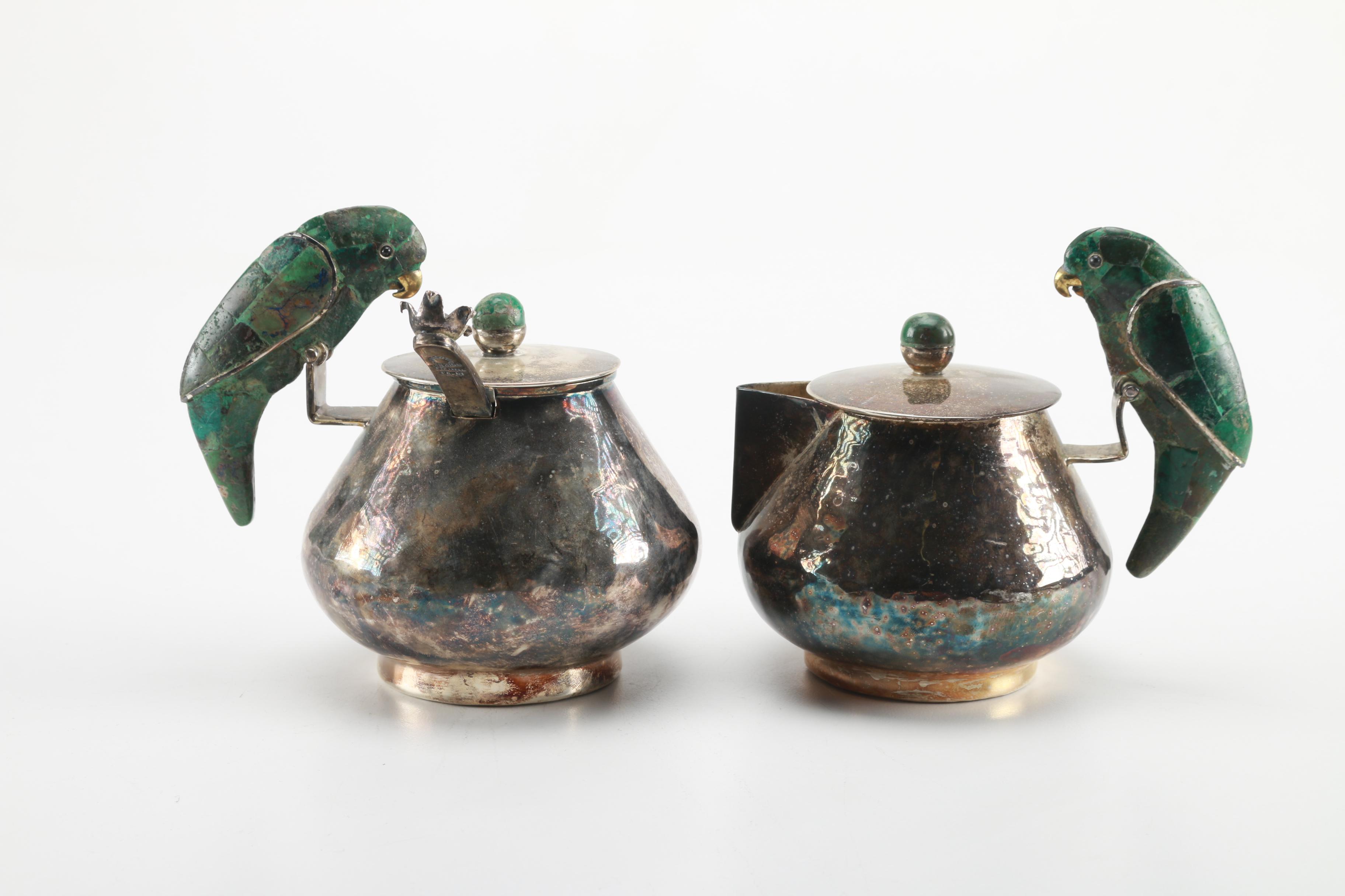 Los Castillo Silver Plate and Azur-Malachite Cream and Sugar Set