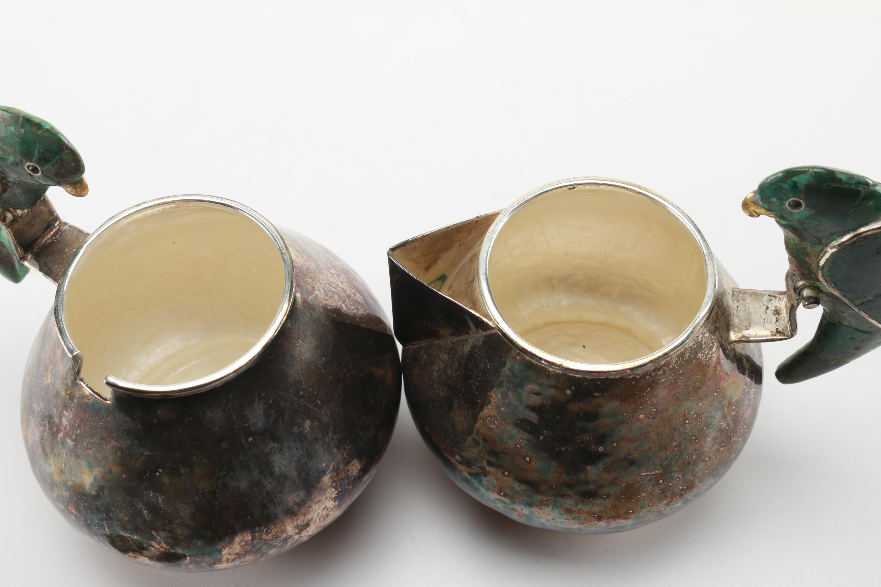 Los Castillo Silver Plate and Azur-Malachite Cream and Sugar Set