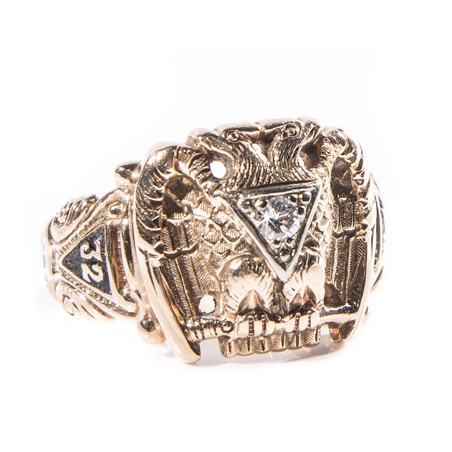 Men's 14K Yellow Gold and Diamond 32-Degree Masonic Ring