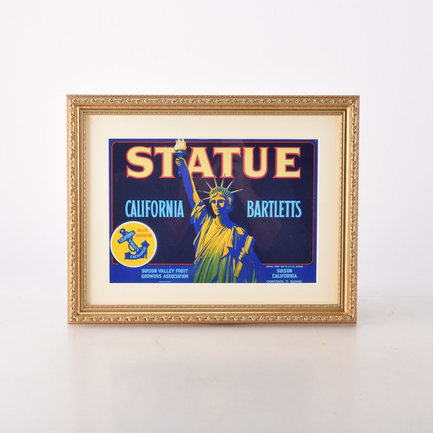 1927 Fruit Crate Label "Statue California Bartletts"