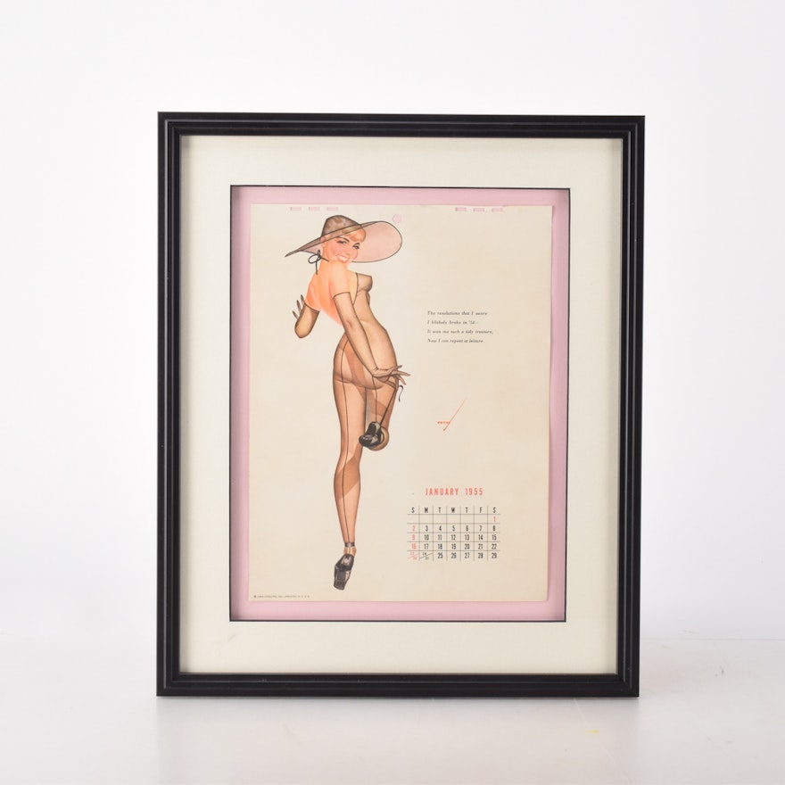 George Petty Offset Lithograph January 1955 "Esquire" Pin Up Calendar Page