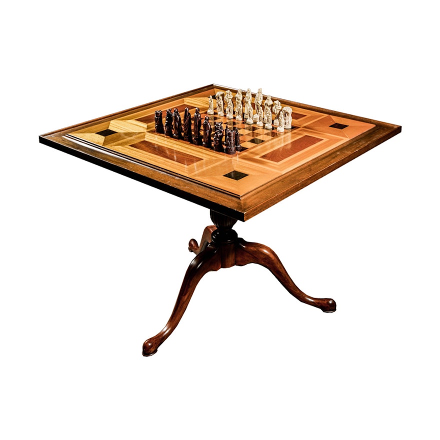 Early 20th Century  Inlaid Wood Chess Table with Chess Pieces