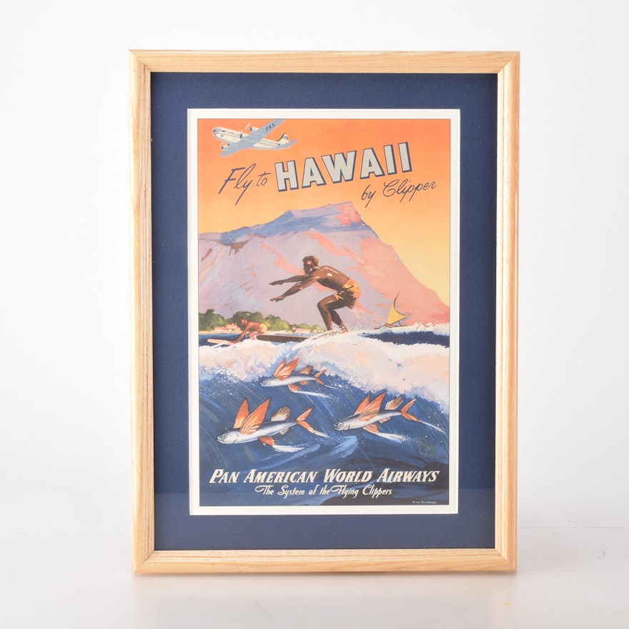 Framed Offset Lithograph Reproduction of Vintage Travel Poster "Pan American World Airways Clipper to Hawaii"