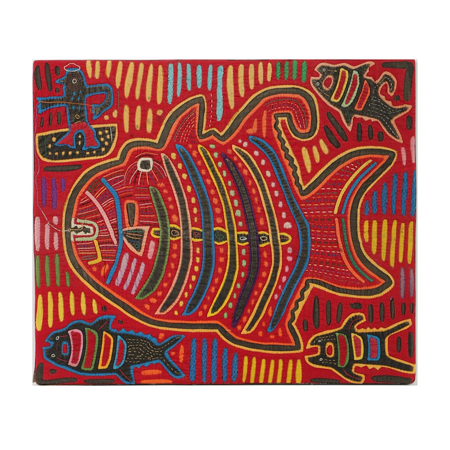 Mola Style Textile Art with Fishing Motif