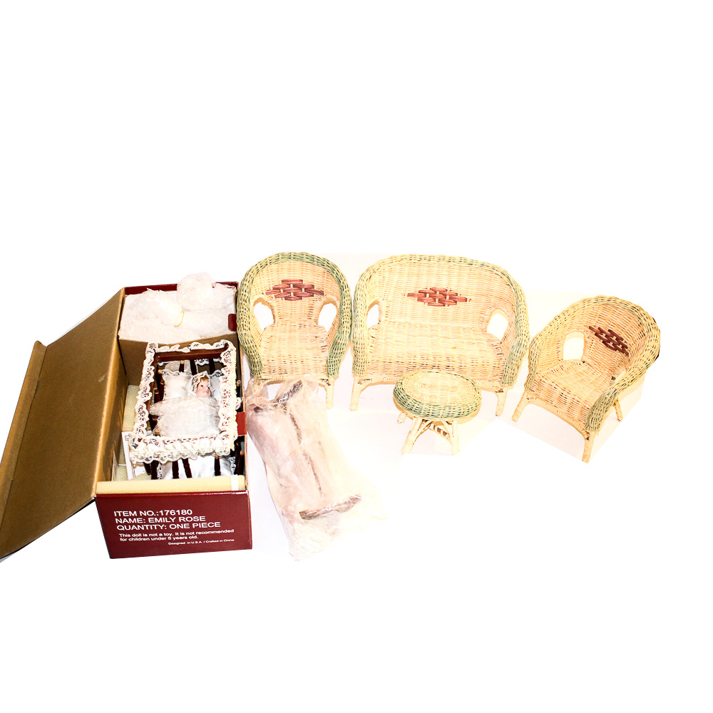 Porcelain "Emily Rose" Doll by Kais With Wicker Furniture