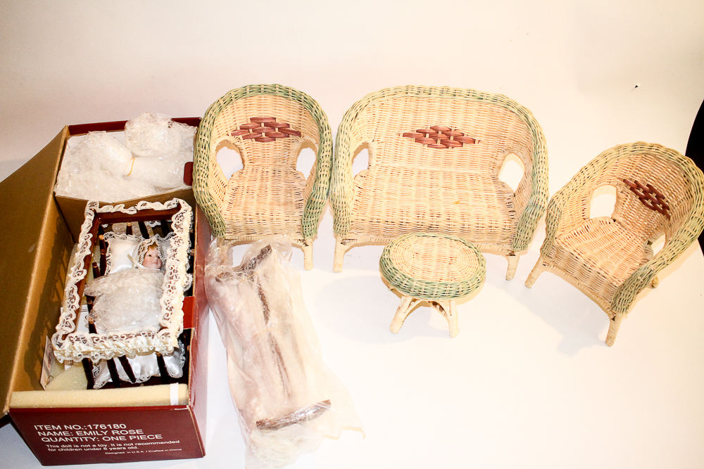 Porcelain "Emily Rose" Doll by Kais With Wicker Furniture
