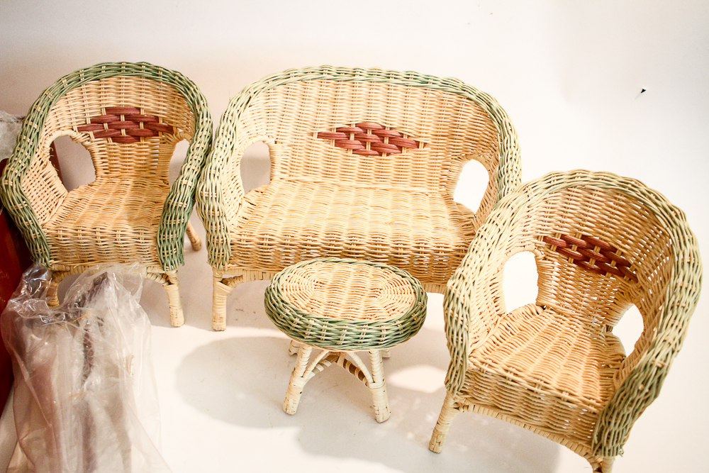 Porcelain "Emily Rose" Doll by Kais With Wicker Furniture