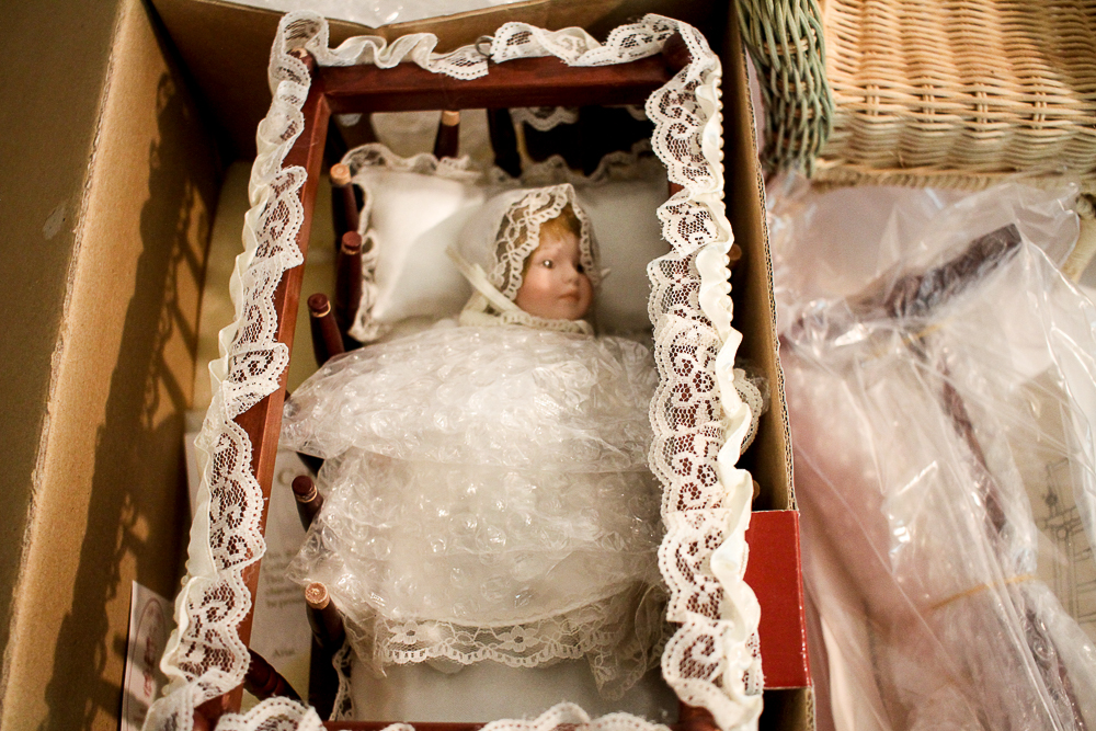 Porcelain "Emily Rose" Doll by Kais With Wicker Furniture