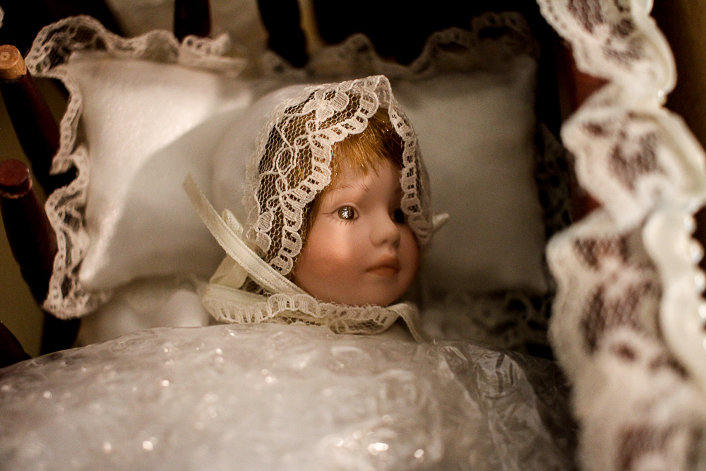 Porcelain "Emily Rose" Doll by Kais With Wicker Furniture