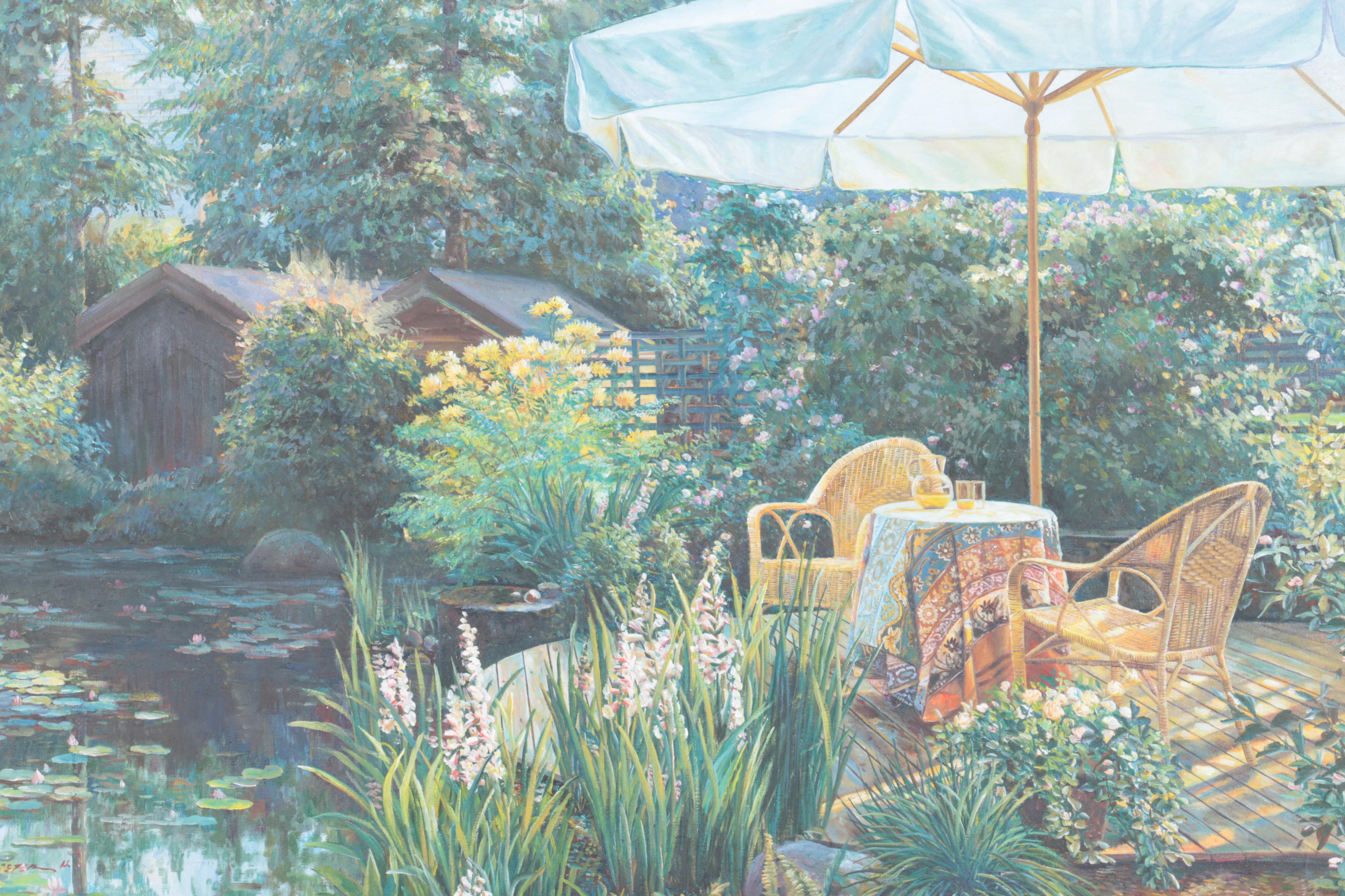Peter Ho Oil on Canvas "Patio With Umbrella"