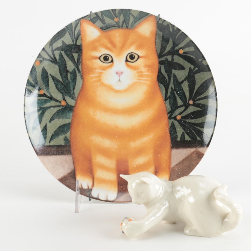 Cat Themed Decorative Plate and Figurine