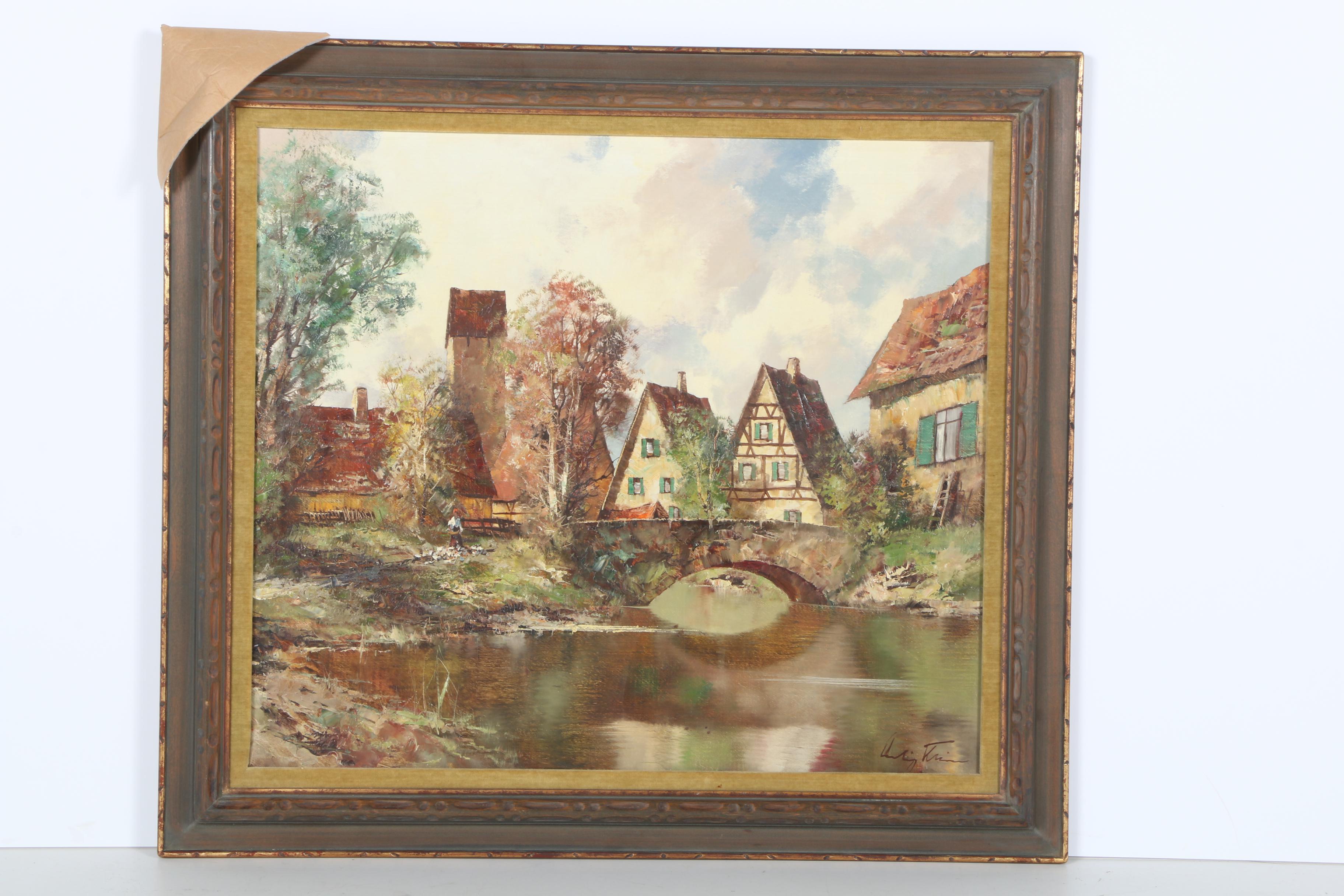 Oil Painting on Canvas of a European Village