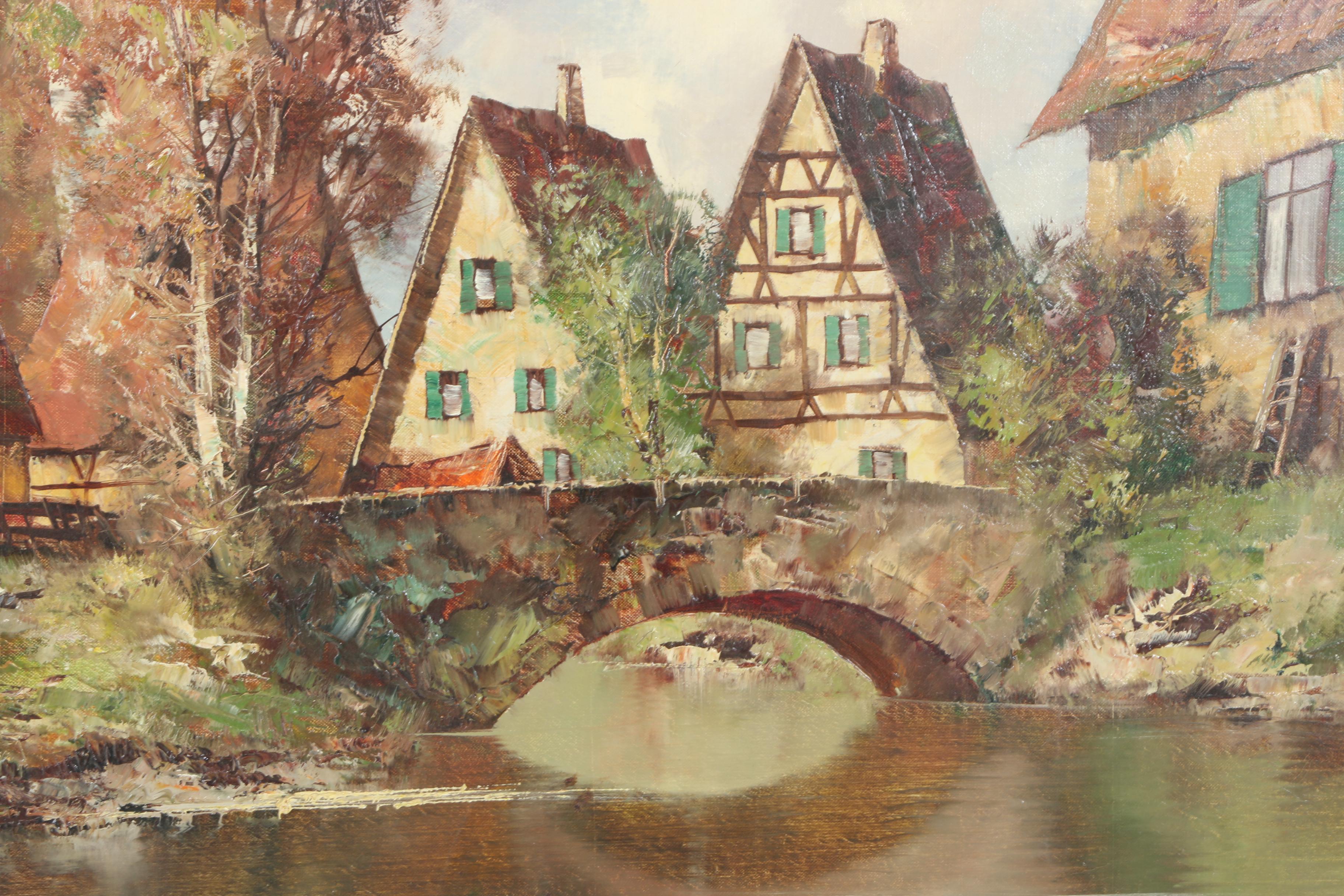 Oil Painting on Canvas of a European Village