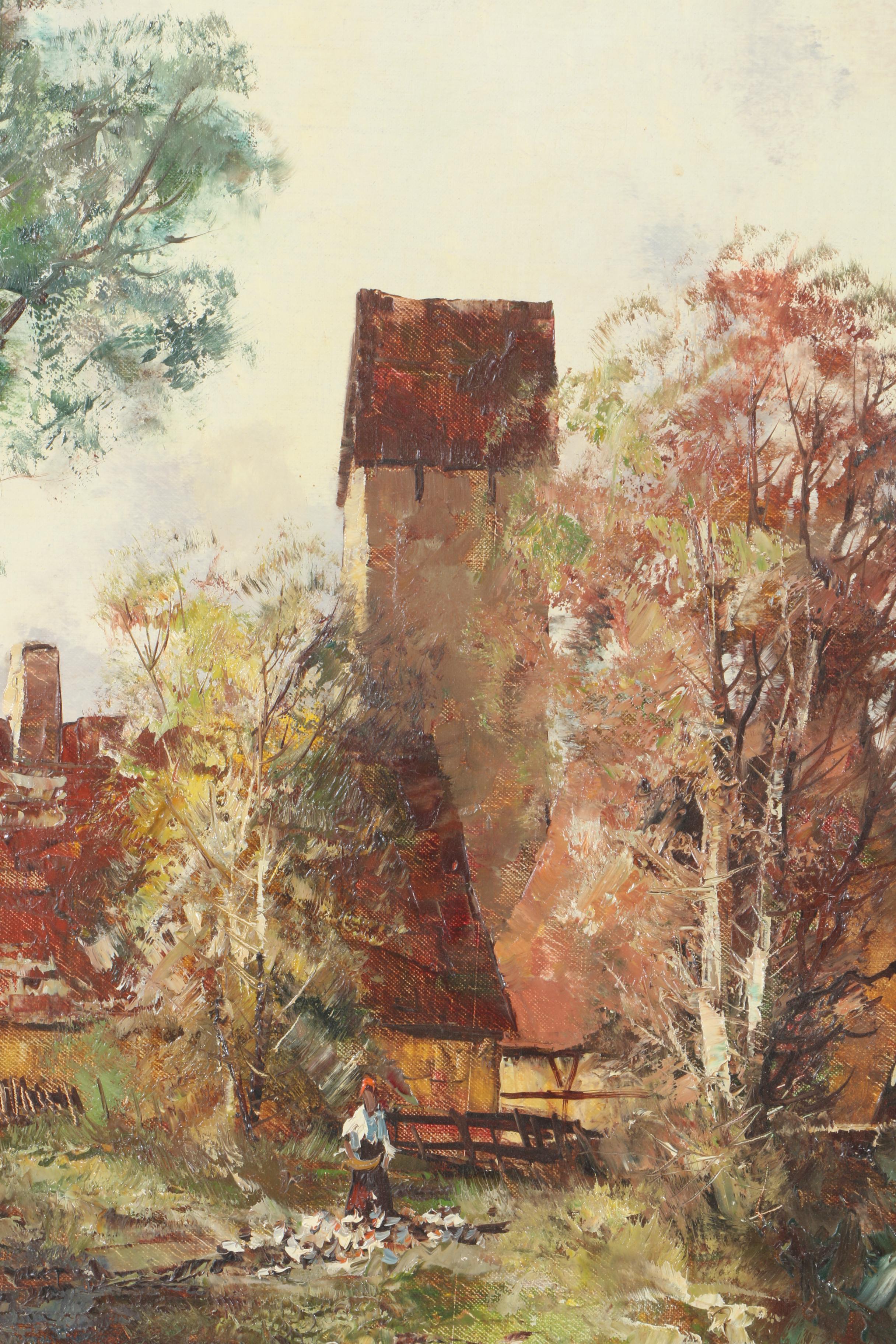 Oil Painting on Canvas of a European Village