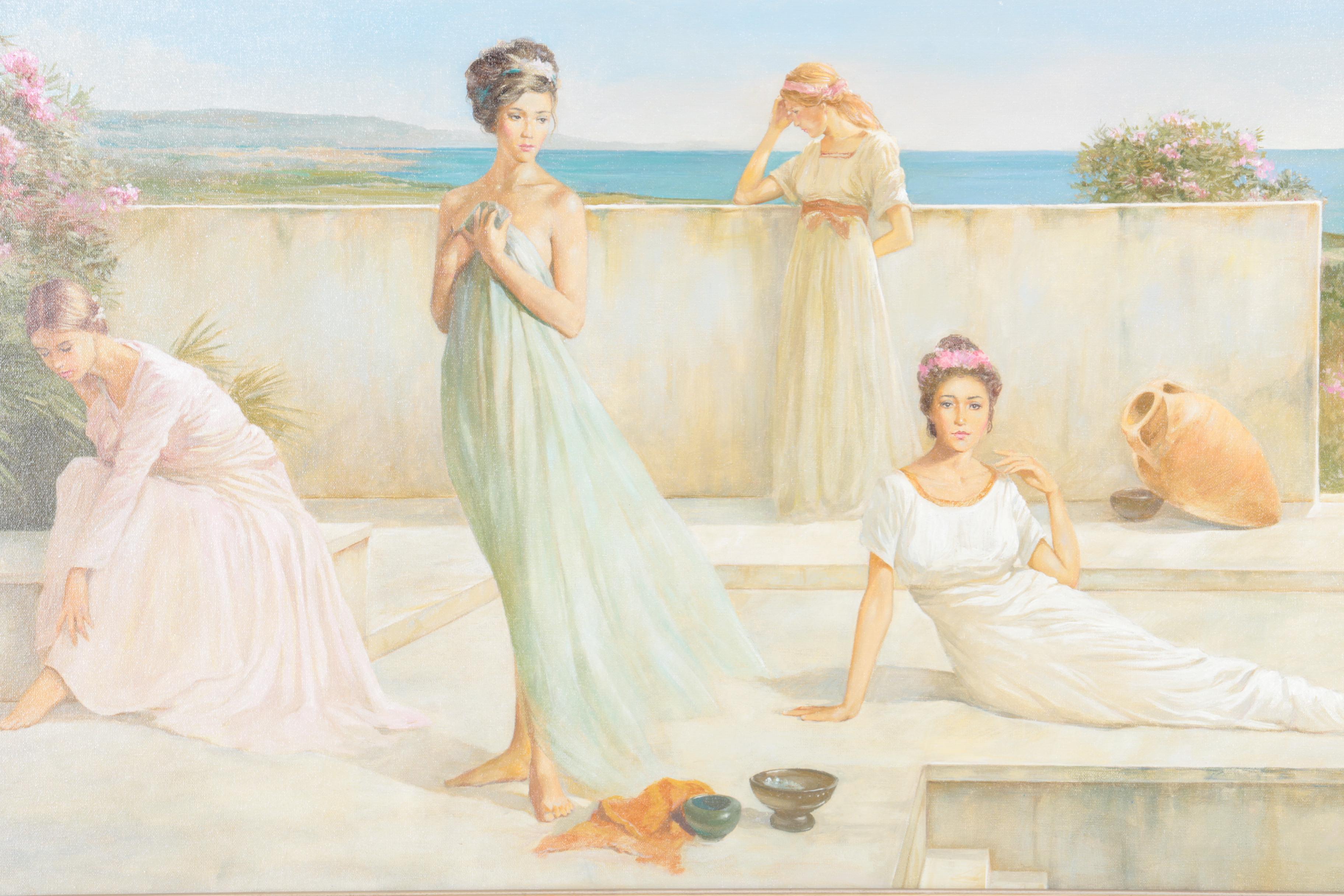 Spartaco Lombardo Oil Painting on Canvas "Ladies at the Pool"