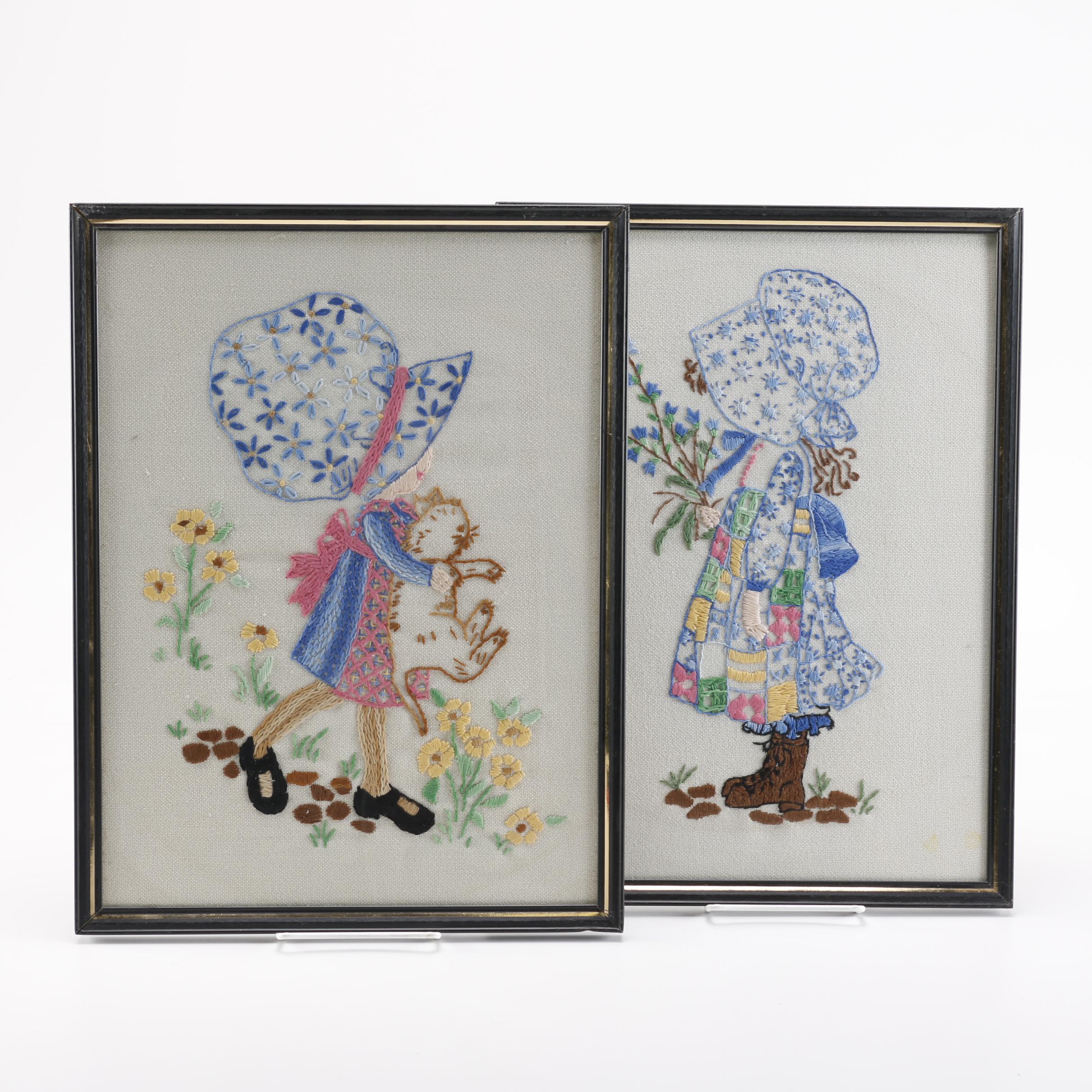 Pair of Framed Embroidered Artworks of Girls