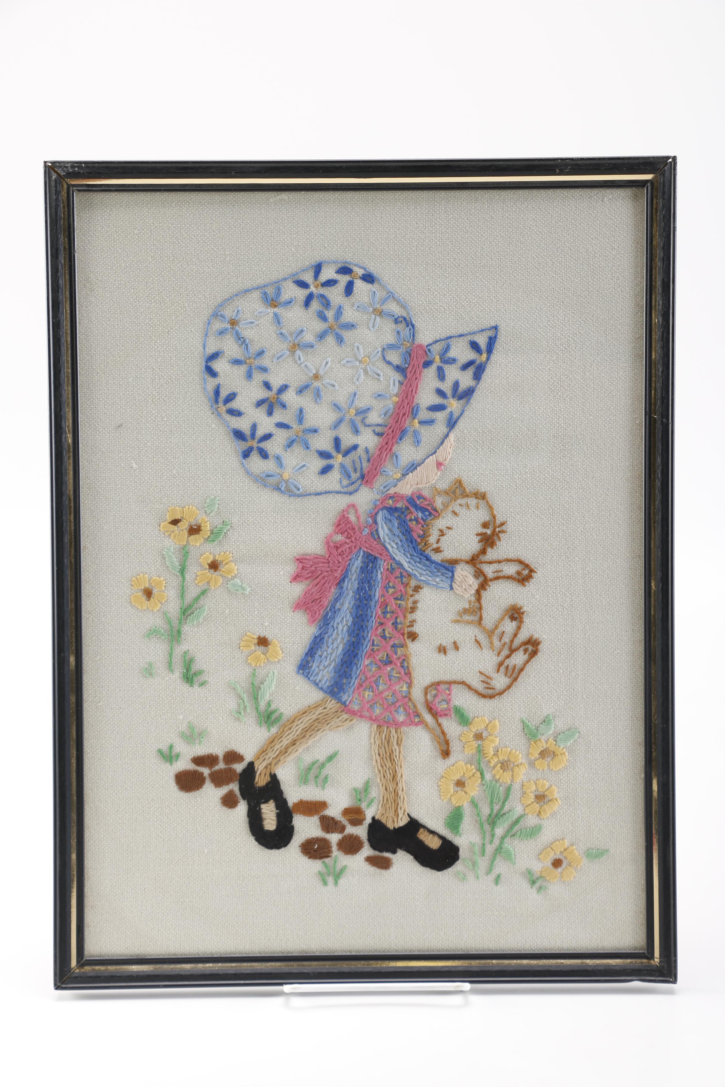 Pair of Framed Embroidered Artworks of Girls