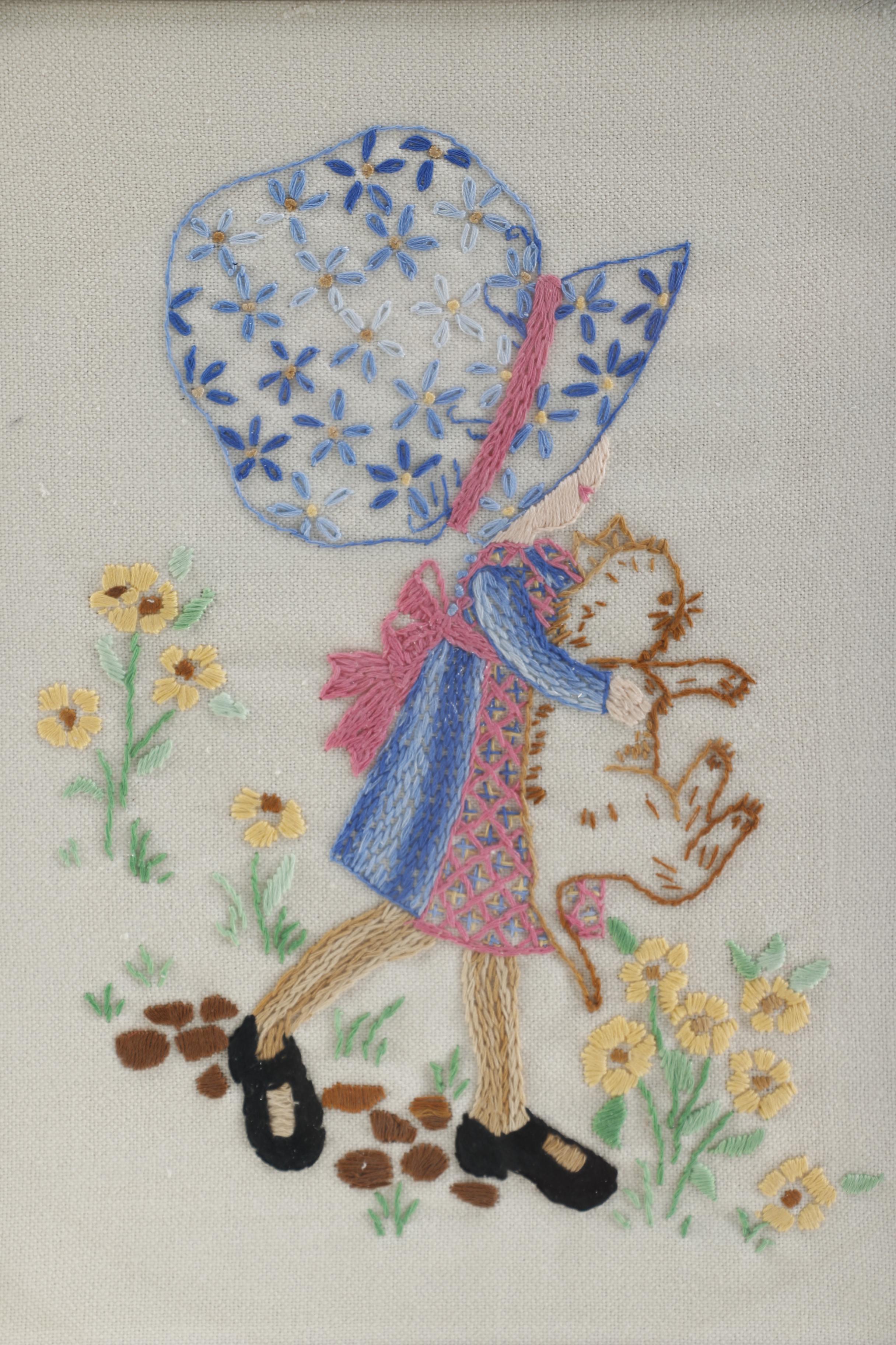 Pair of Framed Embroidered Artworks of Girls