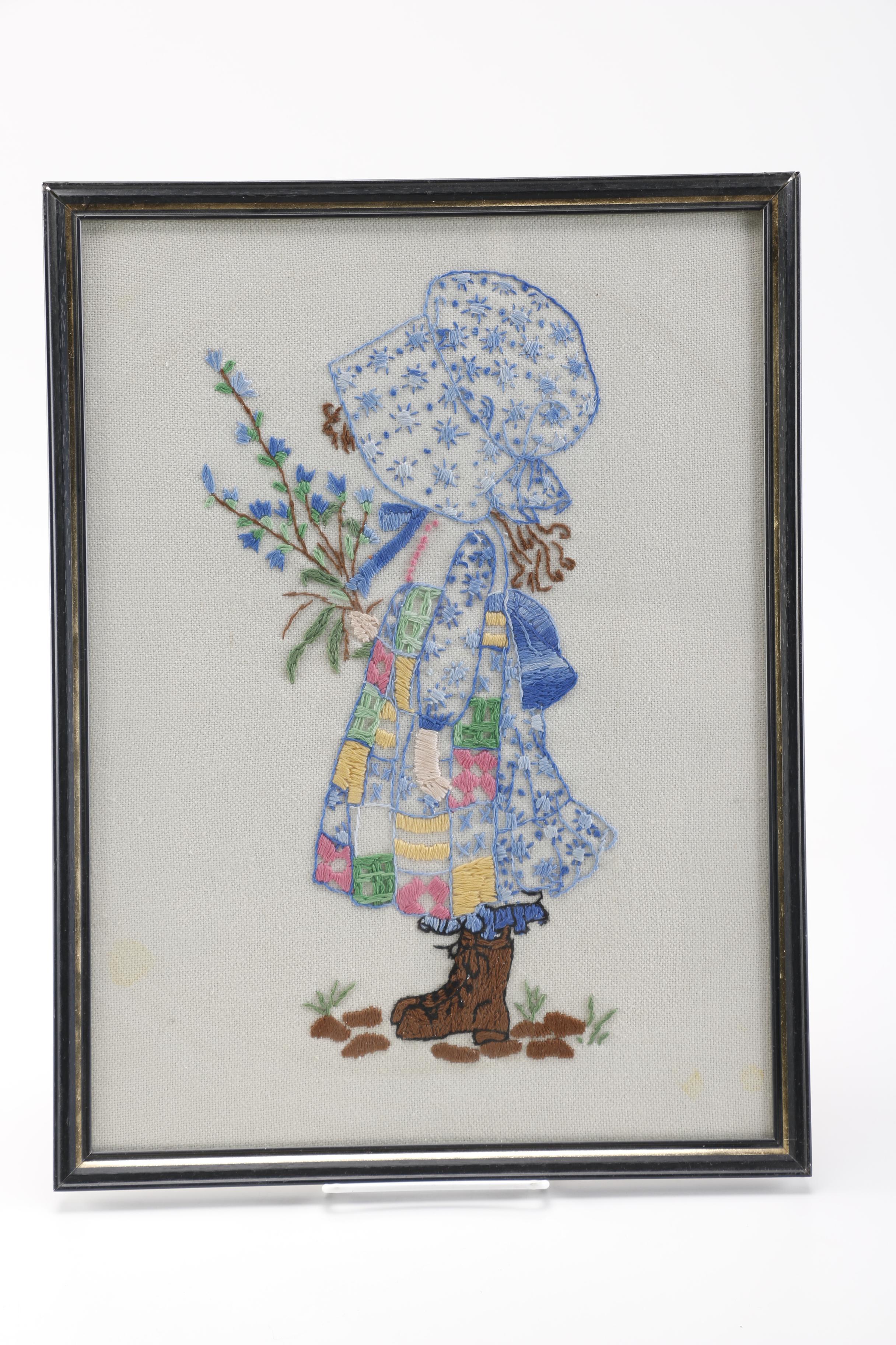 Pair of Framed Embroidered Artworks of Girls