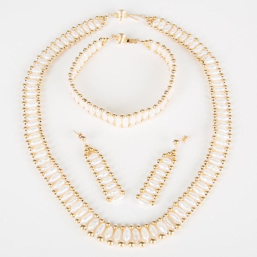 14K Yellow Gold Freshwater Pearl Earring, Necklace, Bracelet Set