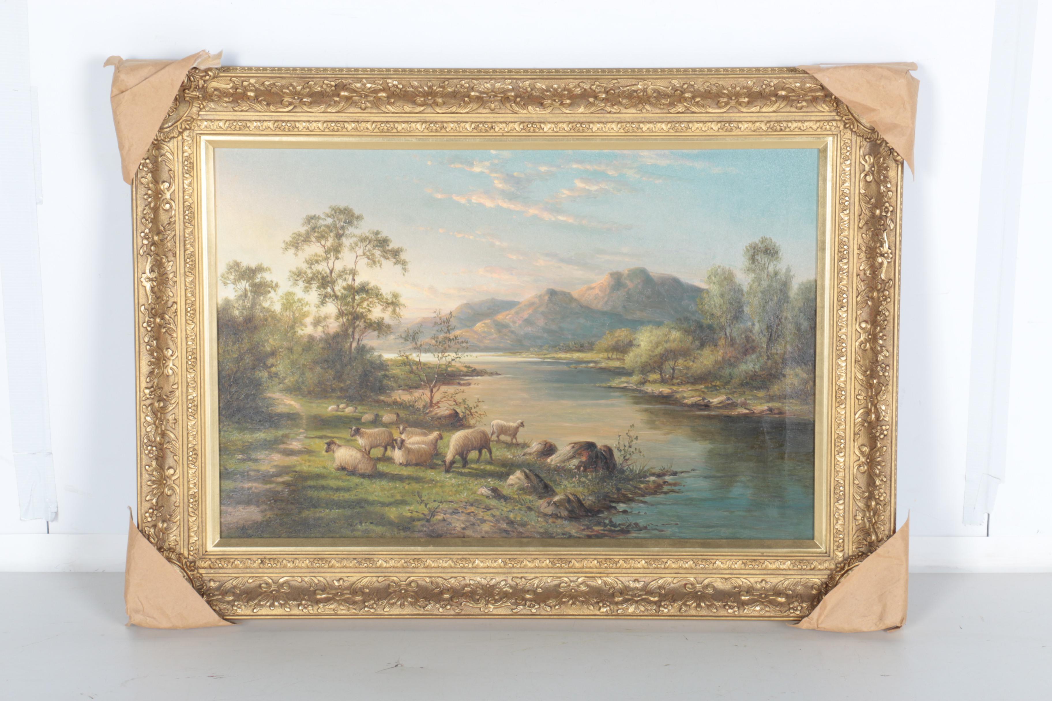 H. James Oil on Canvas "Sheep Grazing at the Edge of a River"