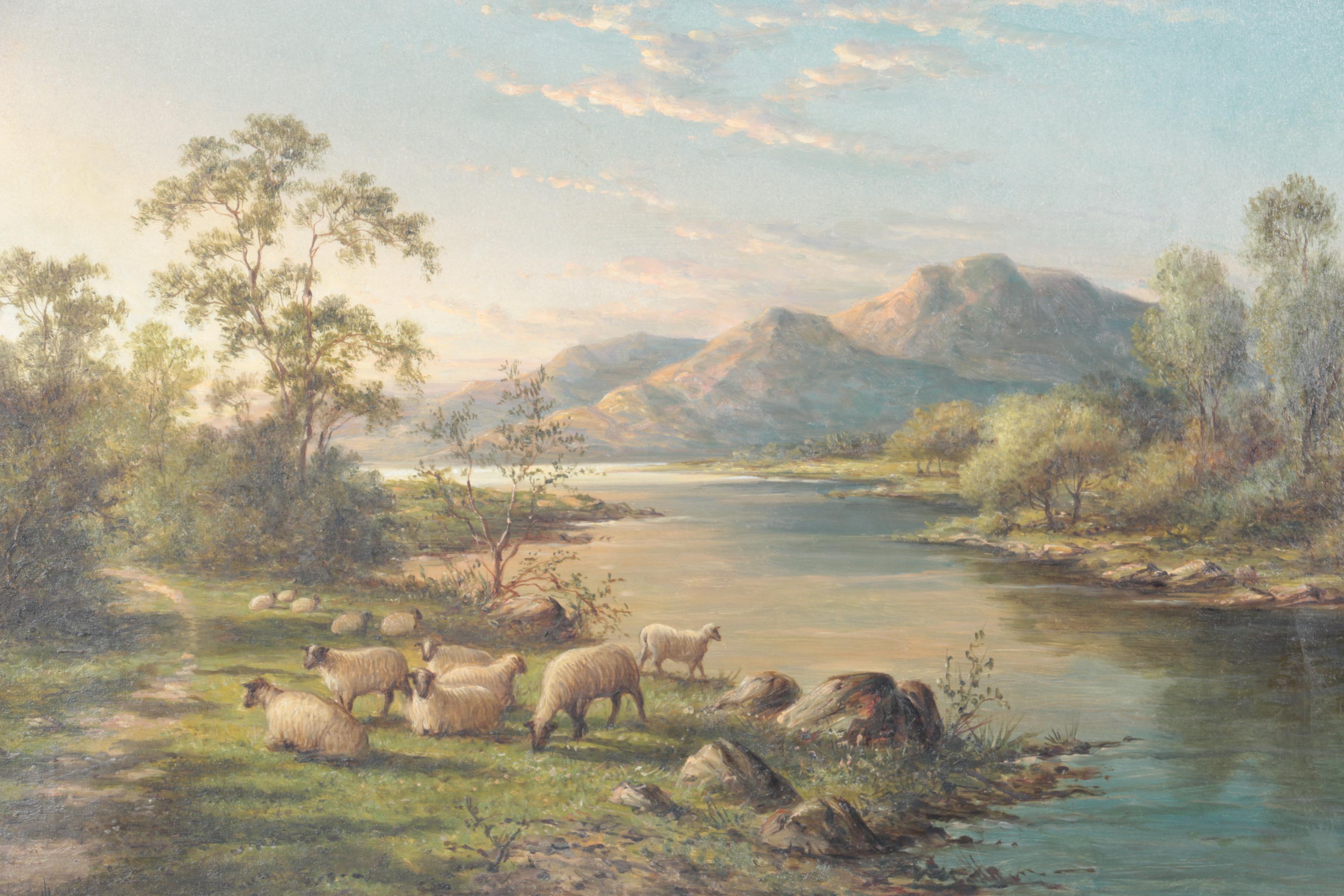 H. James Oil on Canvas "Sheep Grazing at the Edge of a River"