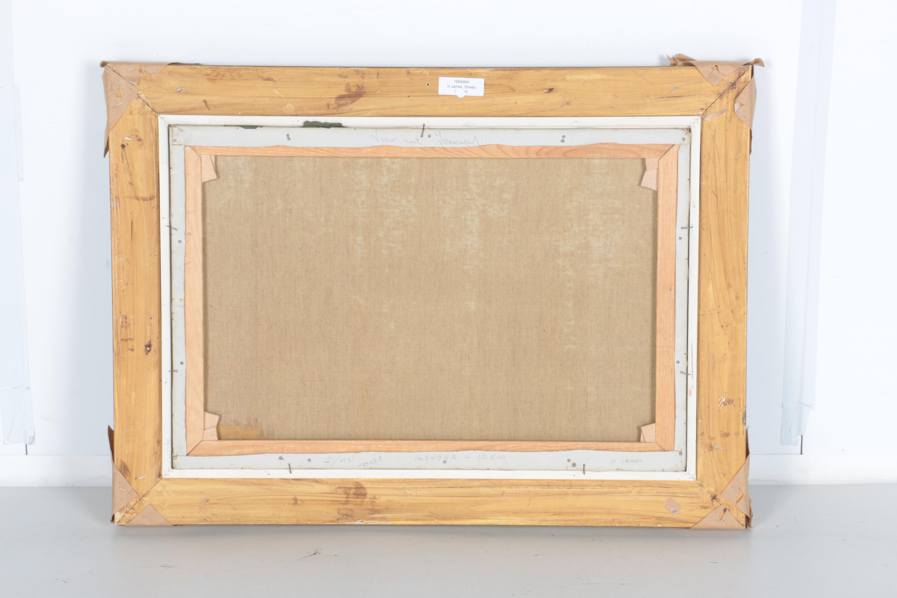 H. James Oil on Canvas "Sheep Grazing at the Edge of a River"