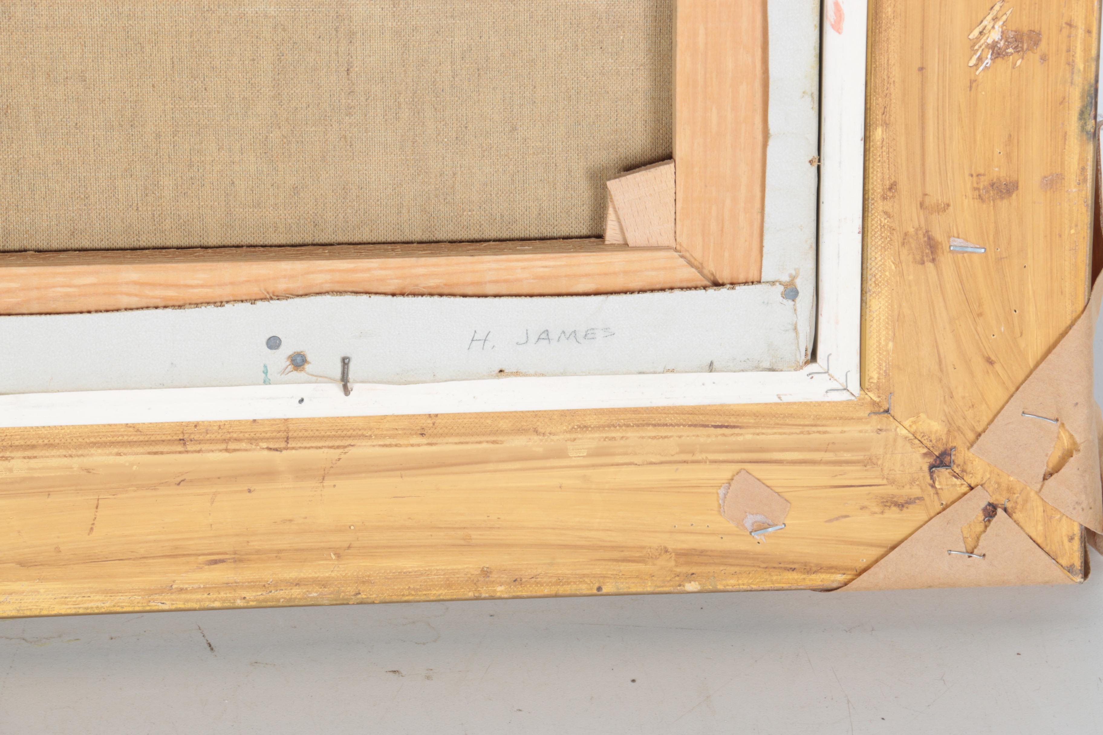 H. James Oil on Canvas "Sheep Grazing at the Edge of a River"