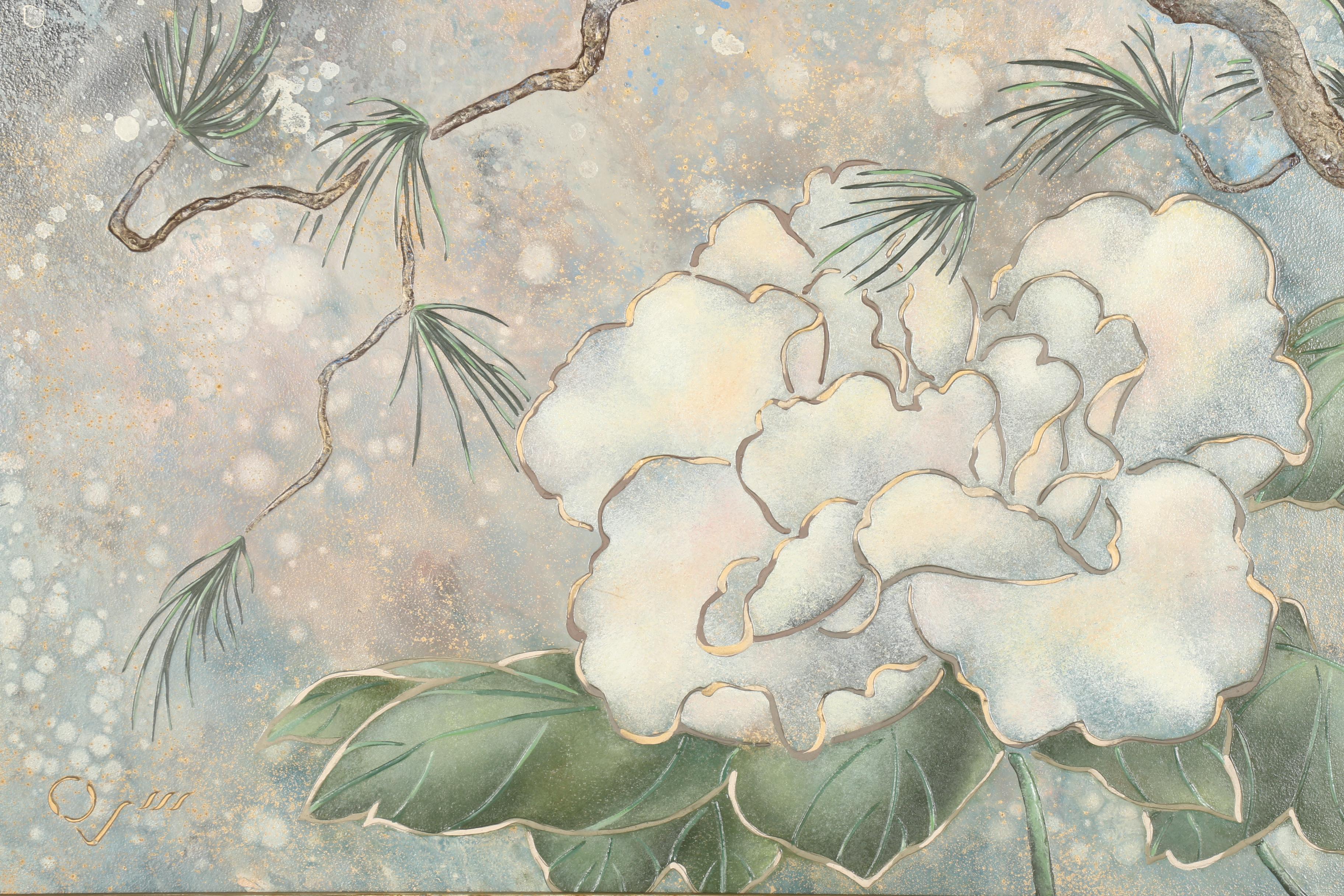 Odavie Oil and Mix Media Painting on Board "Peonies and Pine Bows"