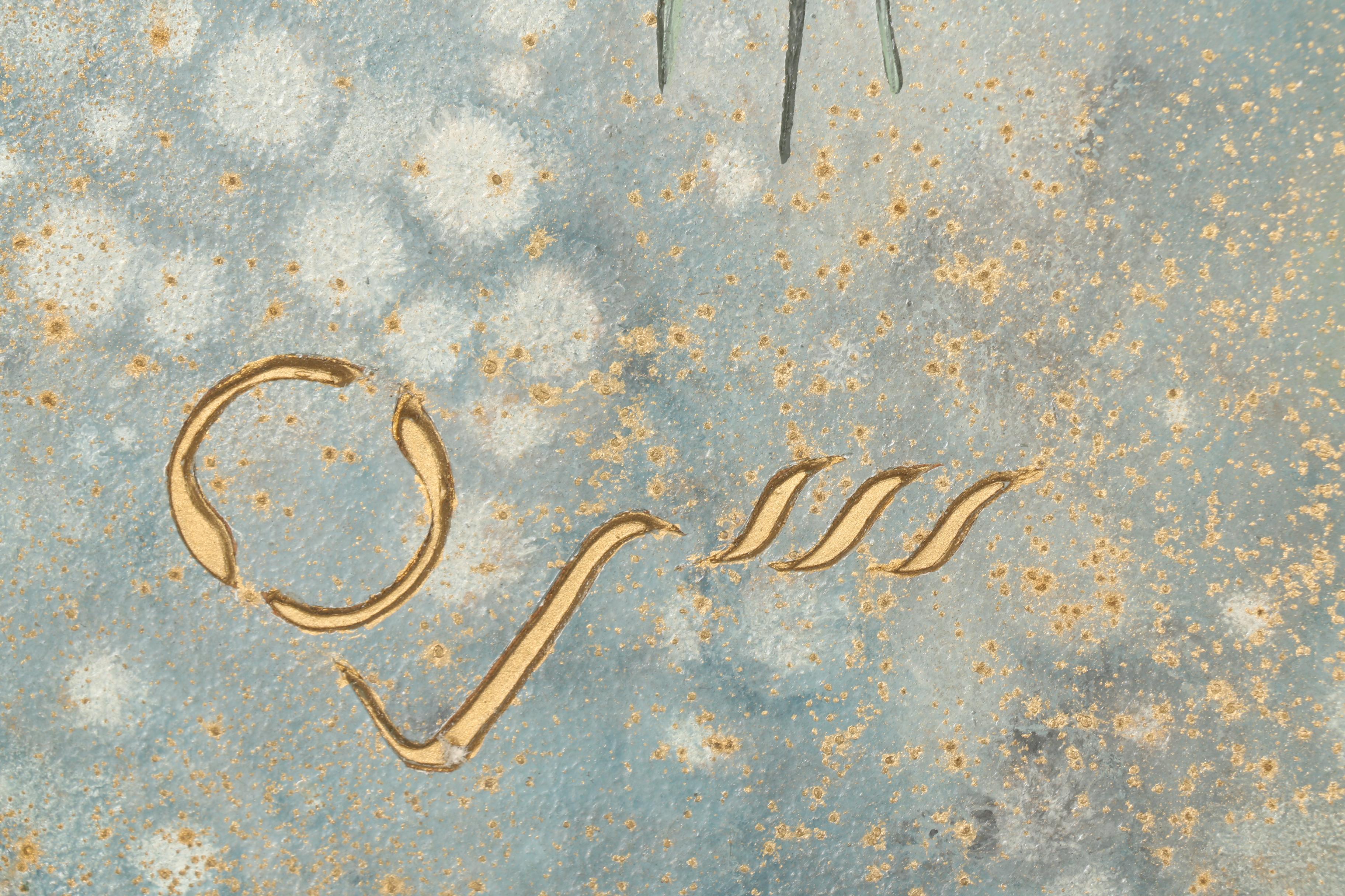 Odavie Oil and Mix Media Painting on Board "Peonies and Pine Bows"