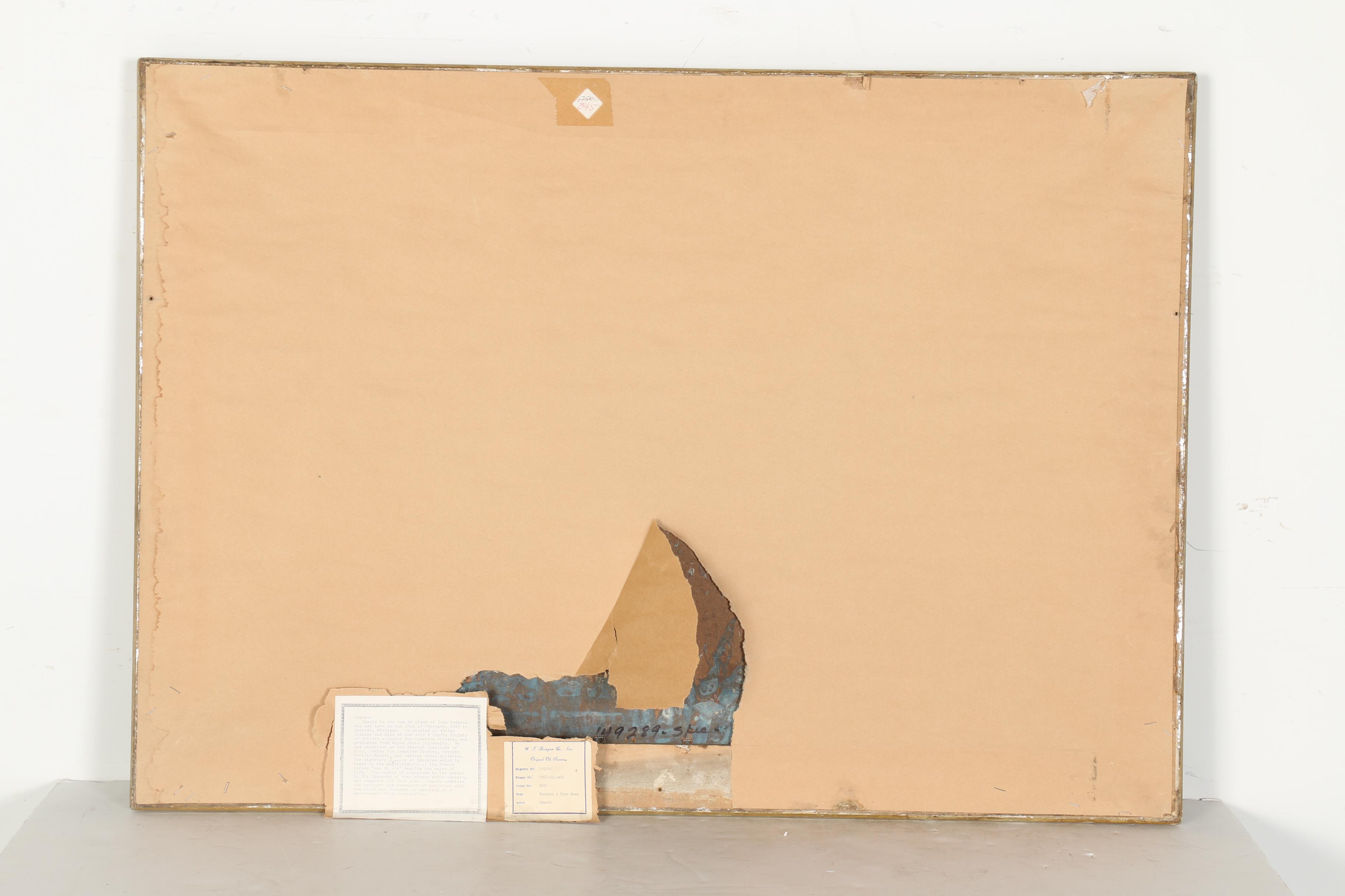 Odavie Oil and Mix Media Painting on Board "Peonies and Pine Bows"