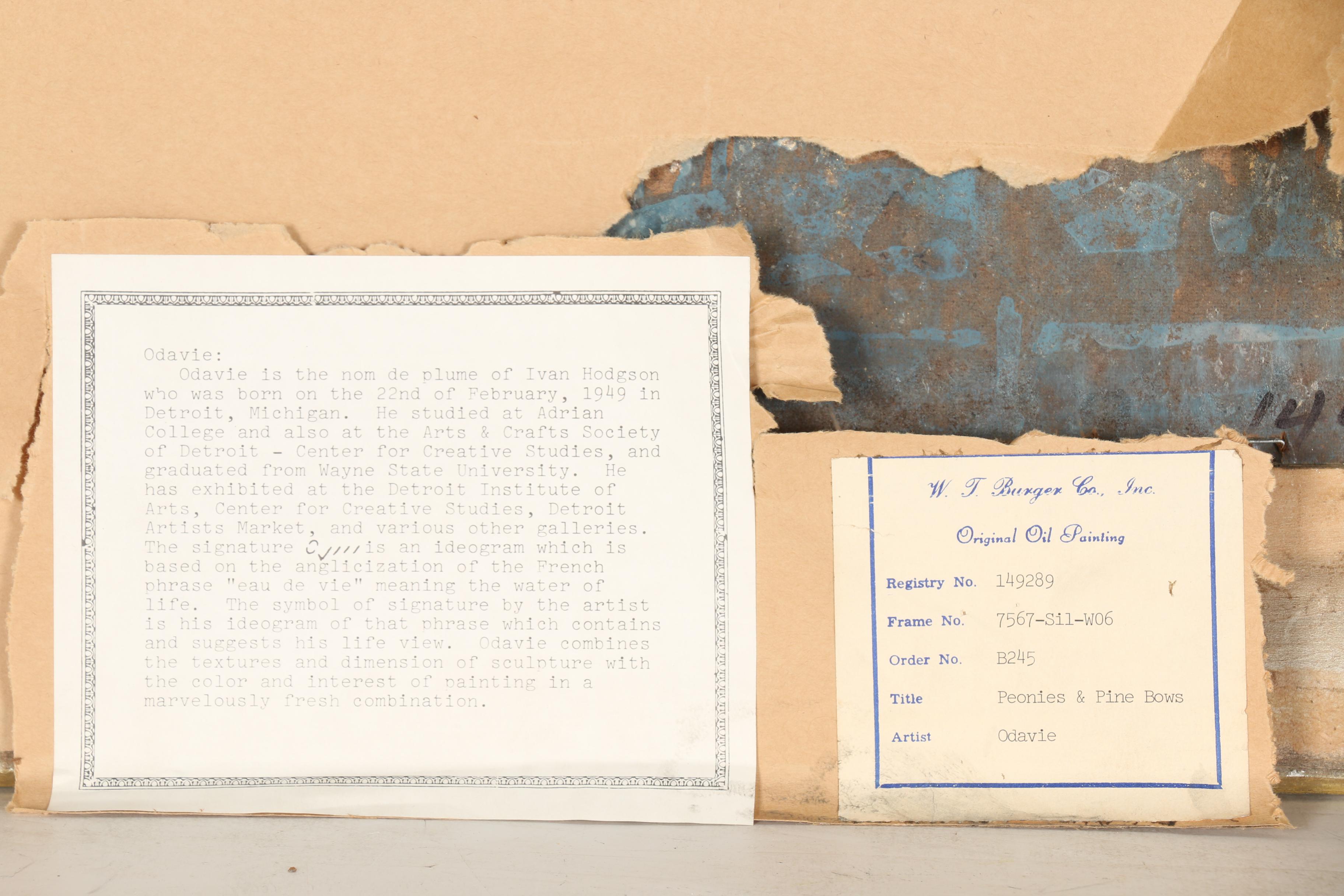 Odavie Oil and Mix Media Painting on Board "Peonies and Pine Bows"