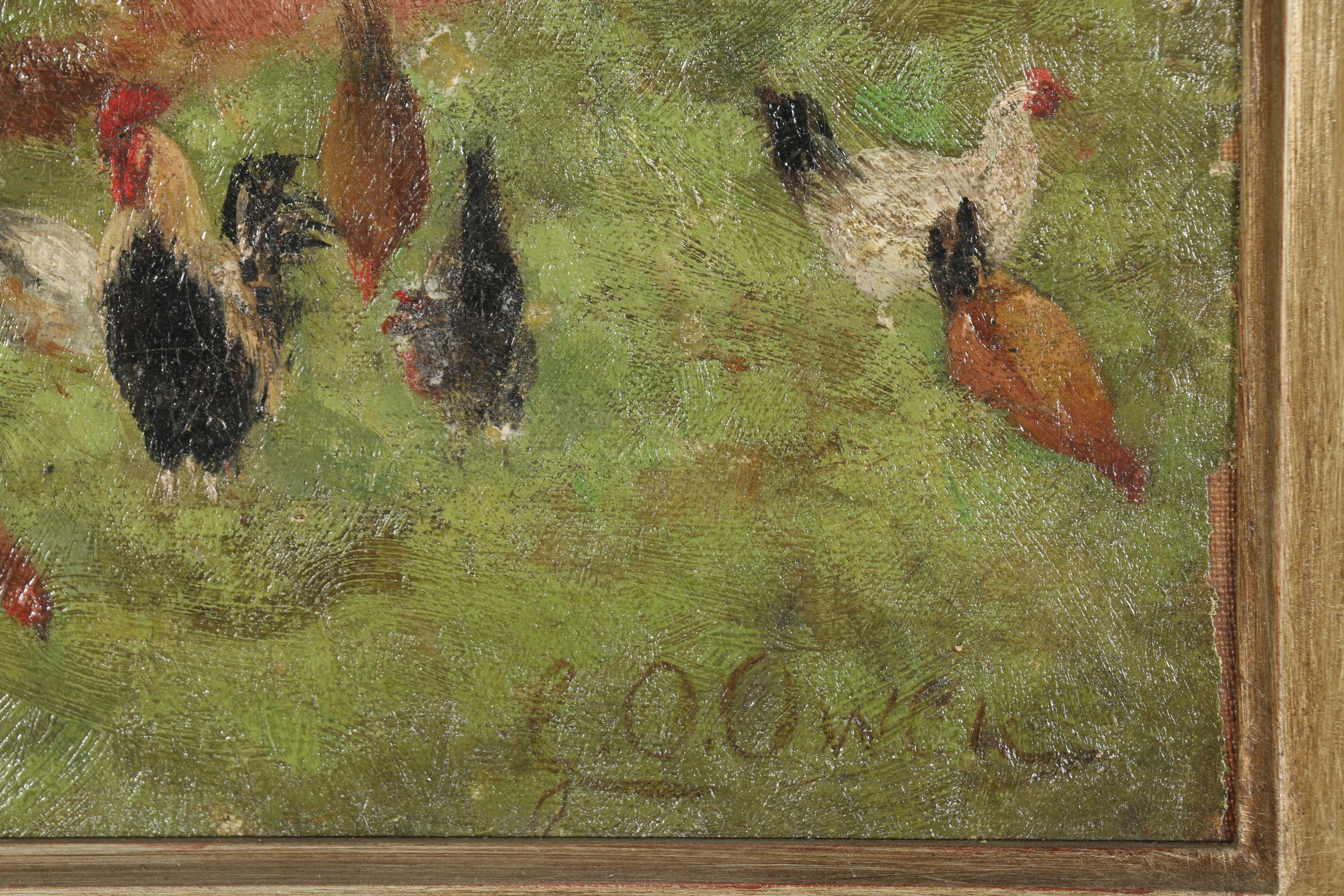 G.O Owen Oil Painting on Canvas "Feeding Chickens"