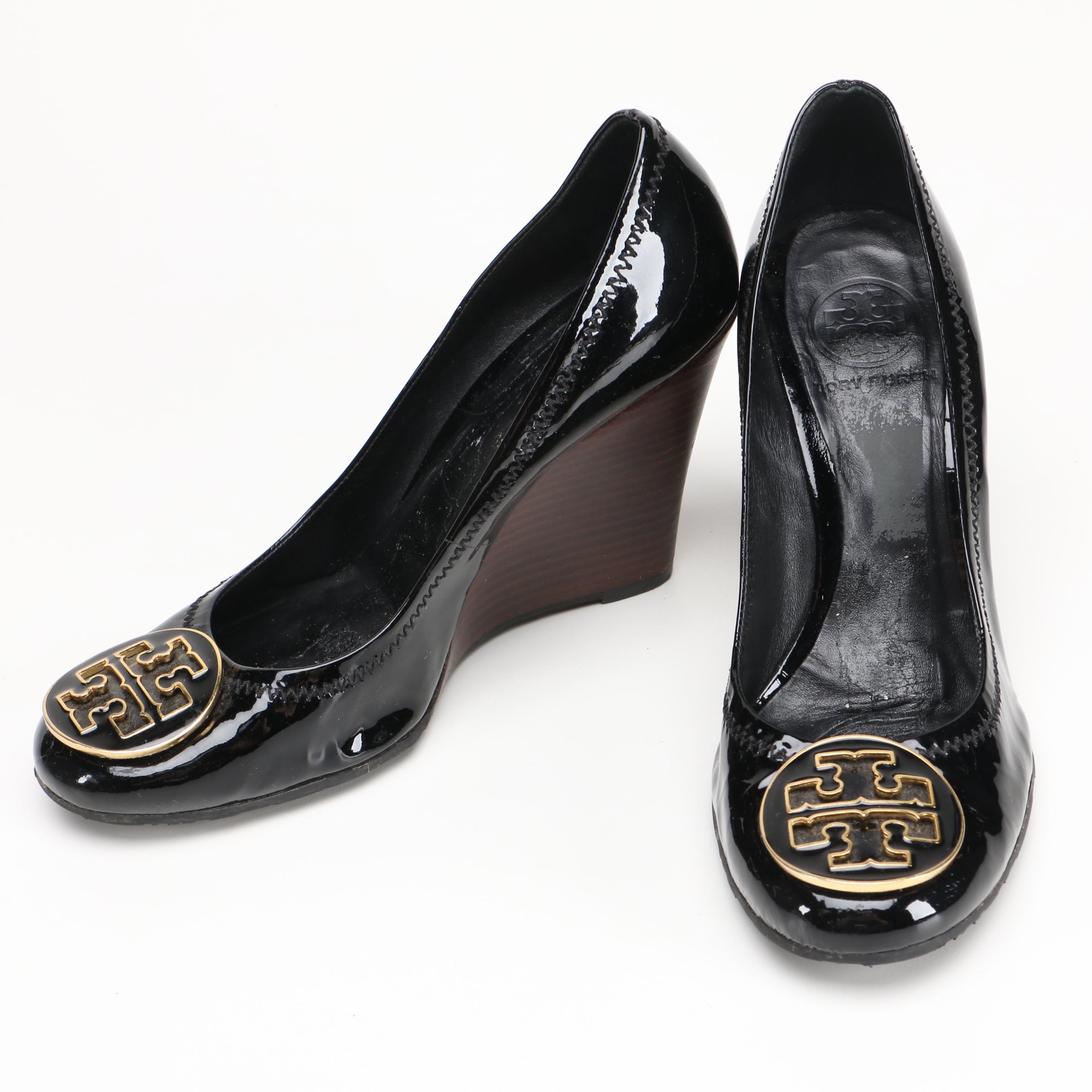 Tory Burch Black Leather Wedges