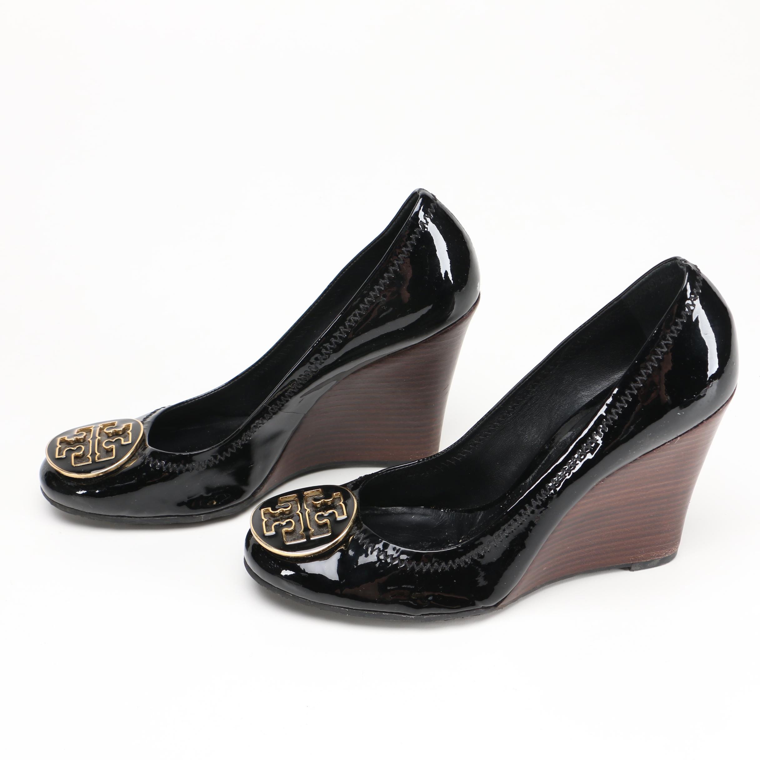 Tory Burch Black Leather Wedges