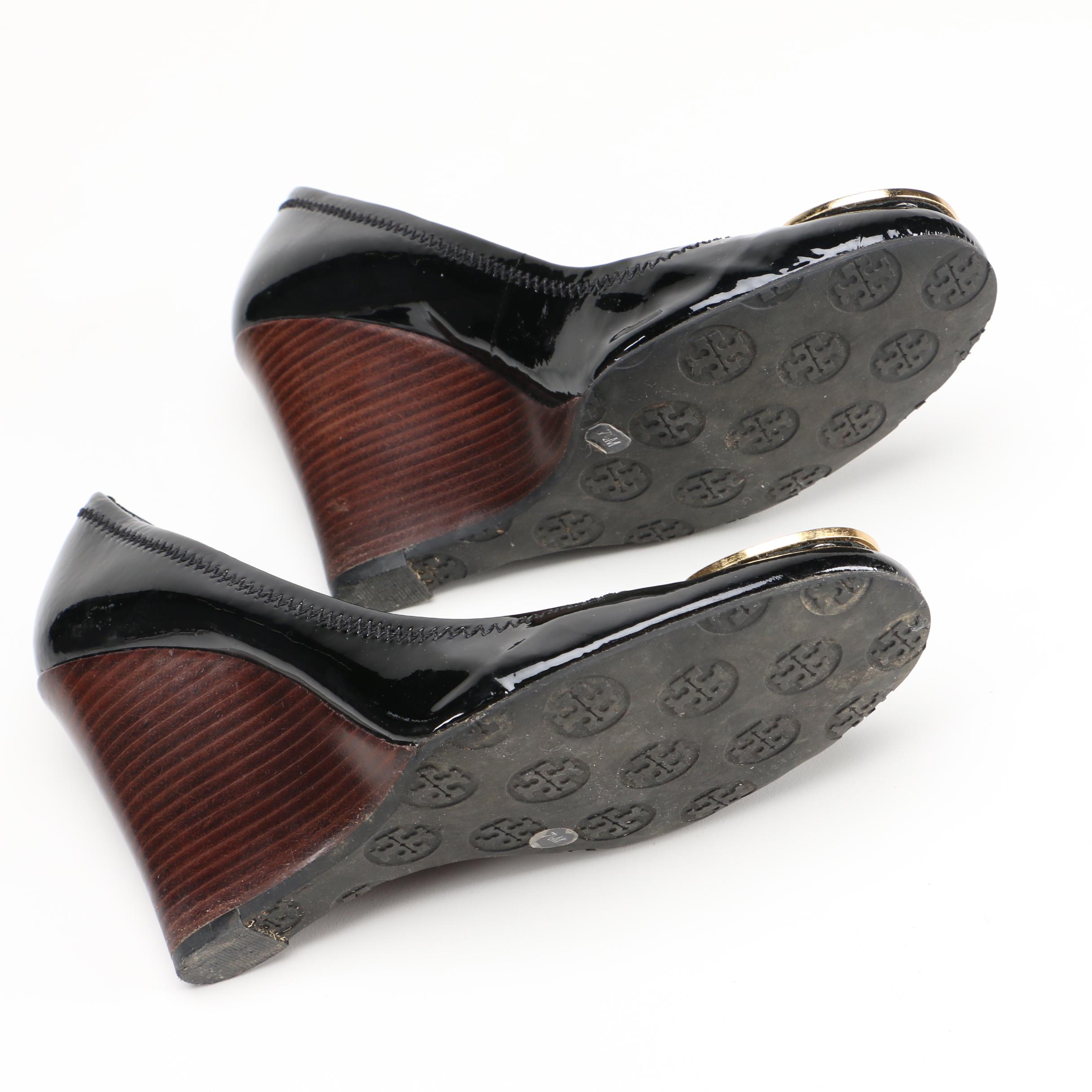 Tory Burch Black Leather Wedges