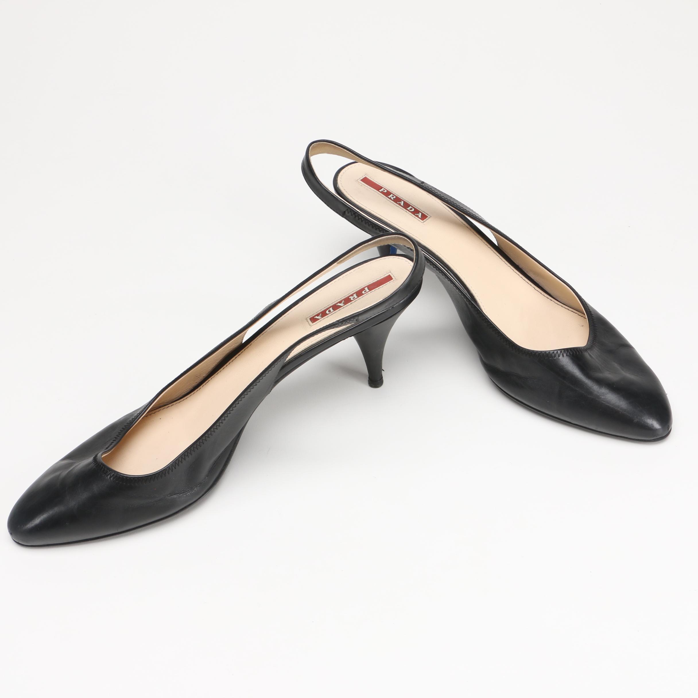 Prada Black Leather Slingbacks