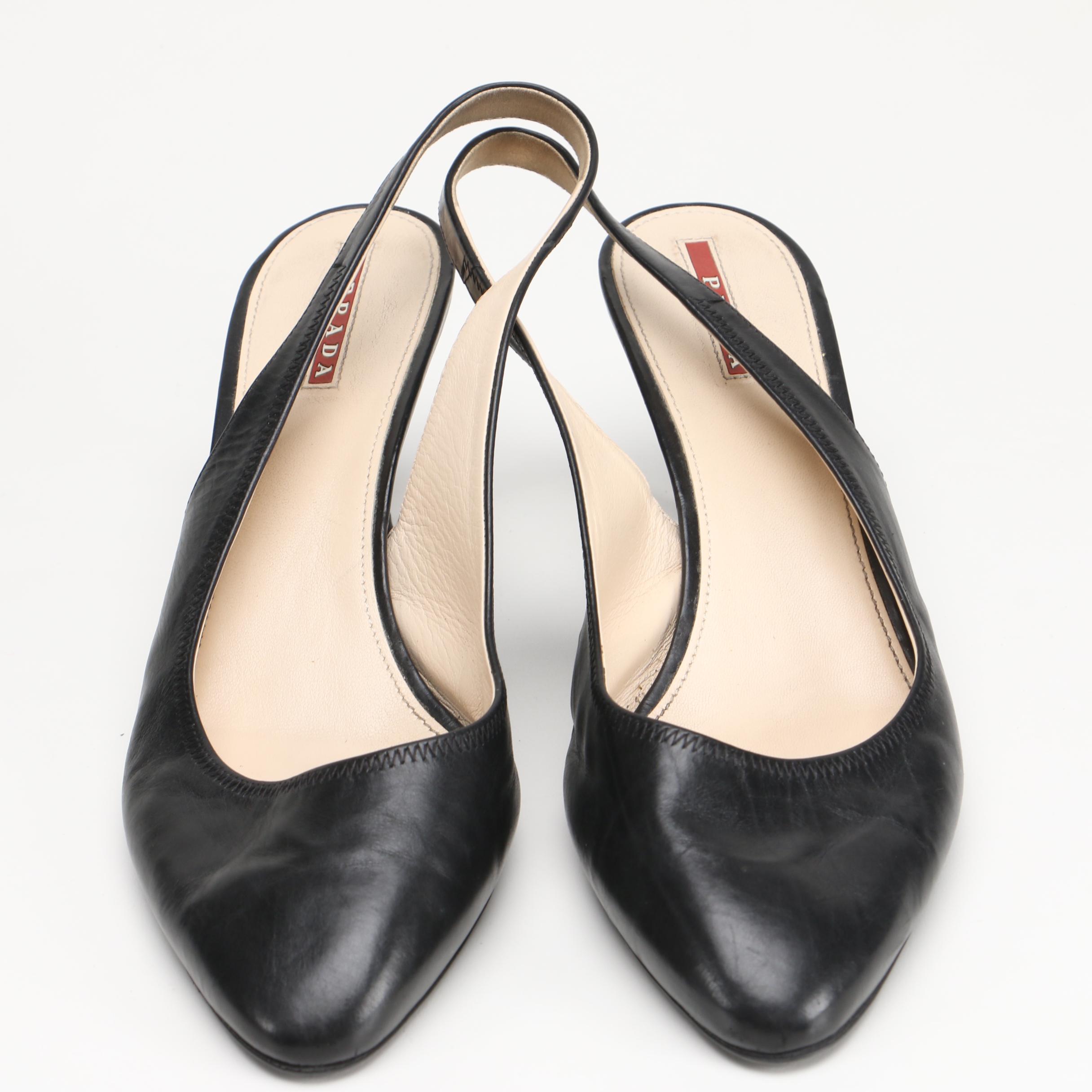 Prada Black Leather Slingbacks