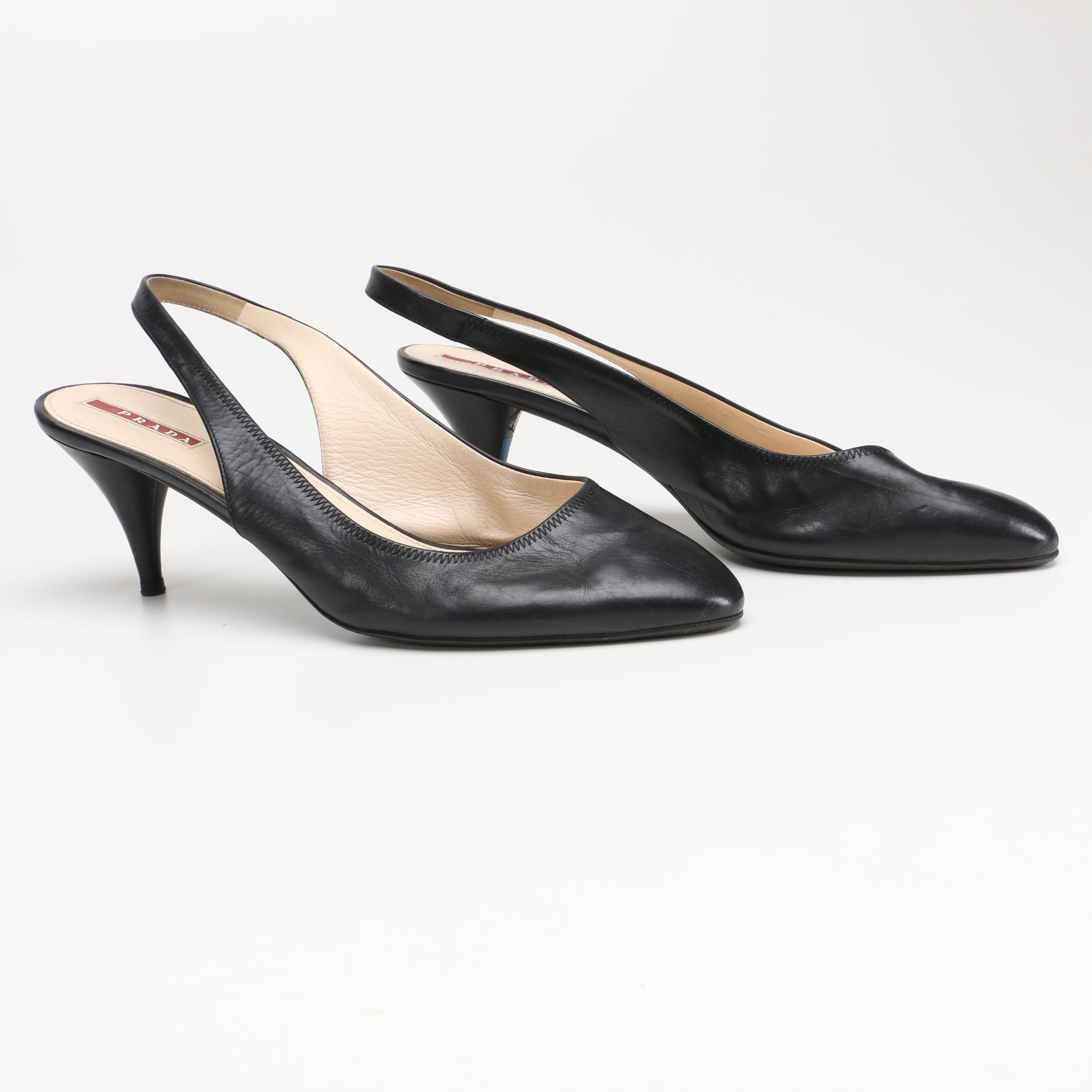 Prada Black Leather Slingbacks