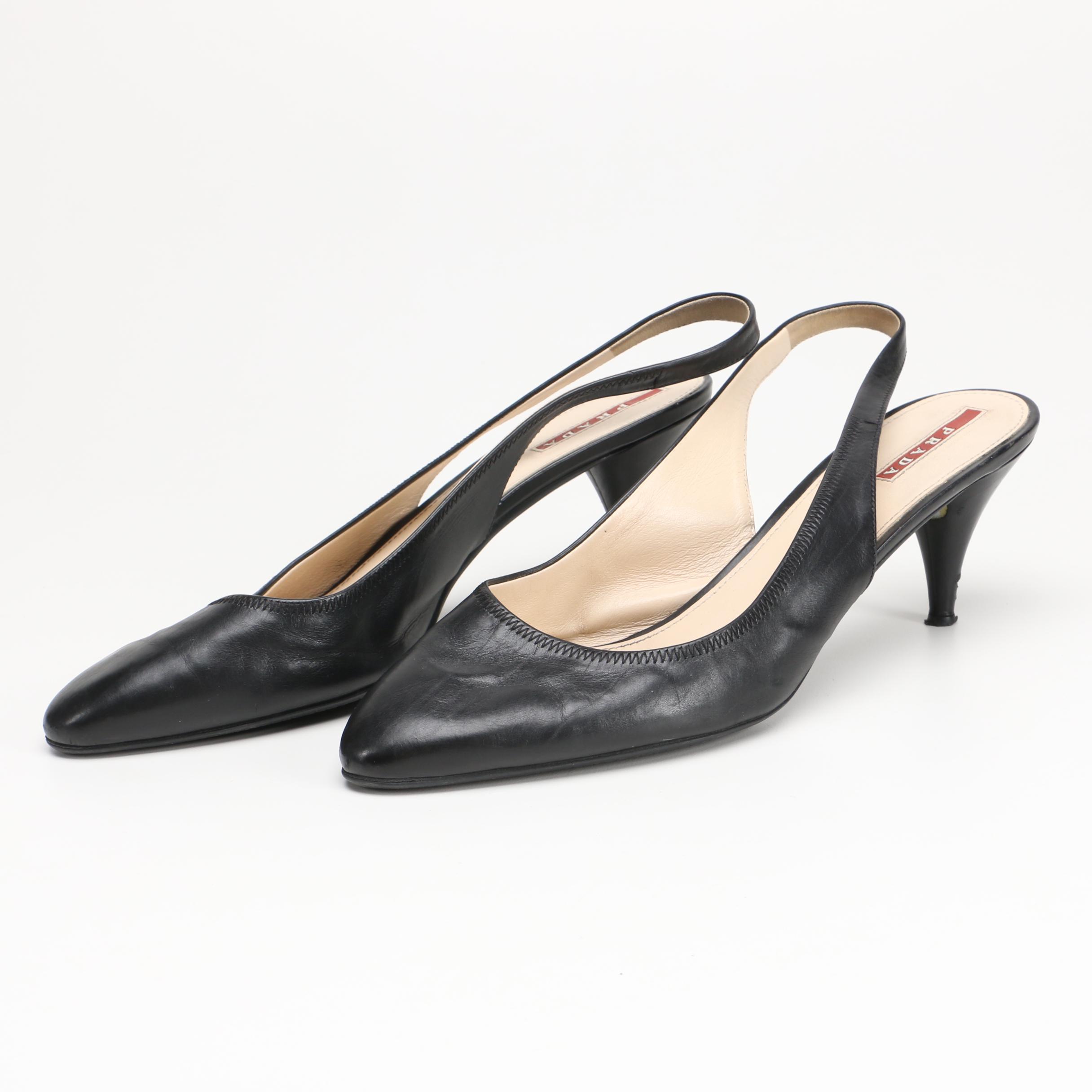 Prada Black Leather Slingbacks