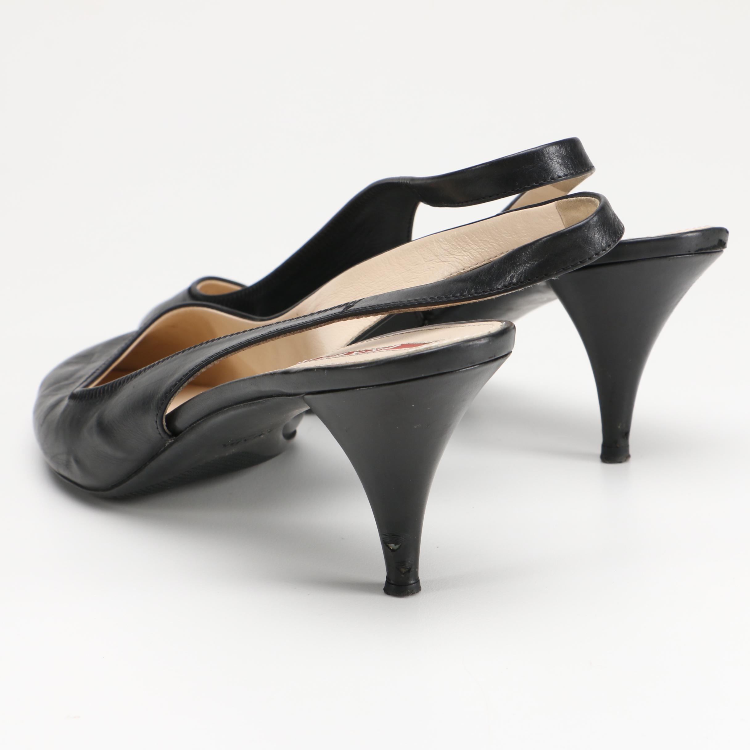 Prada Black Leather Slingbacks