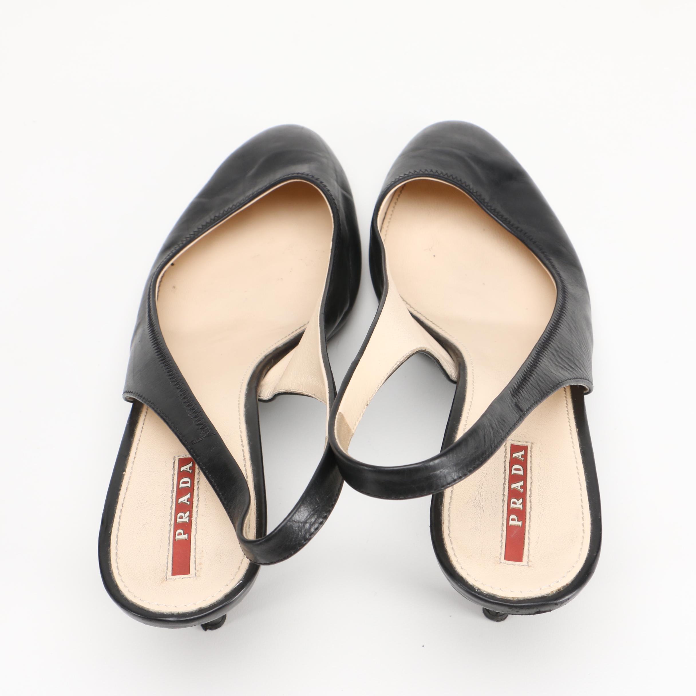 Prada Black Leather Slingbacks