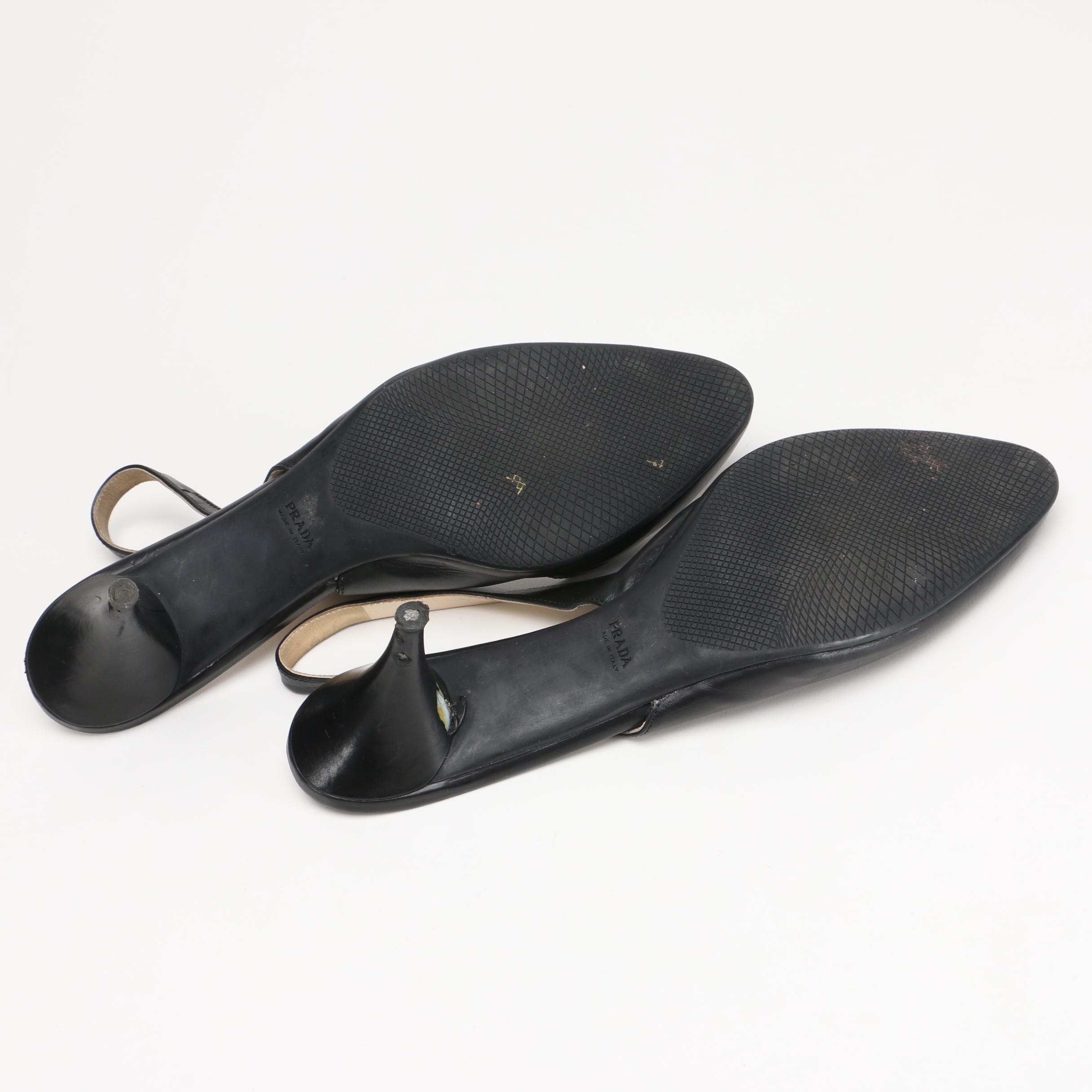 Prada Black Leather Slingbacks